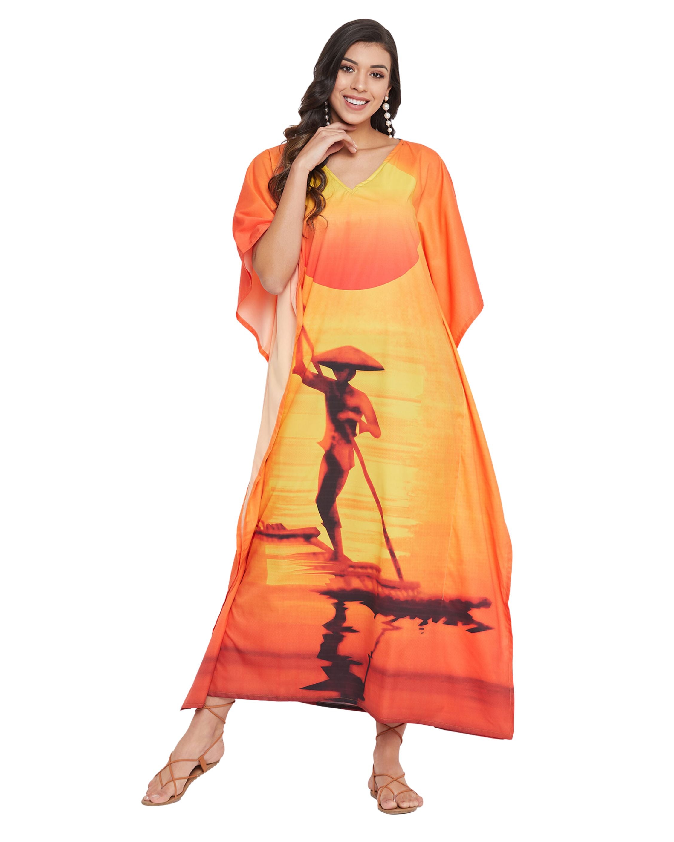 Dress For Plus Size Women Tribal Printed Orange Polyester Kaftan