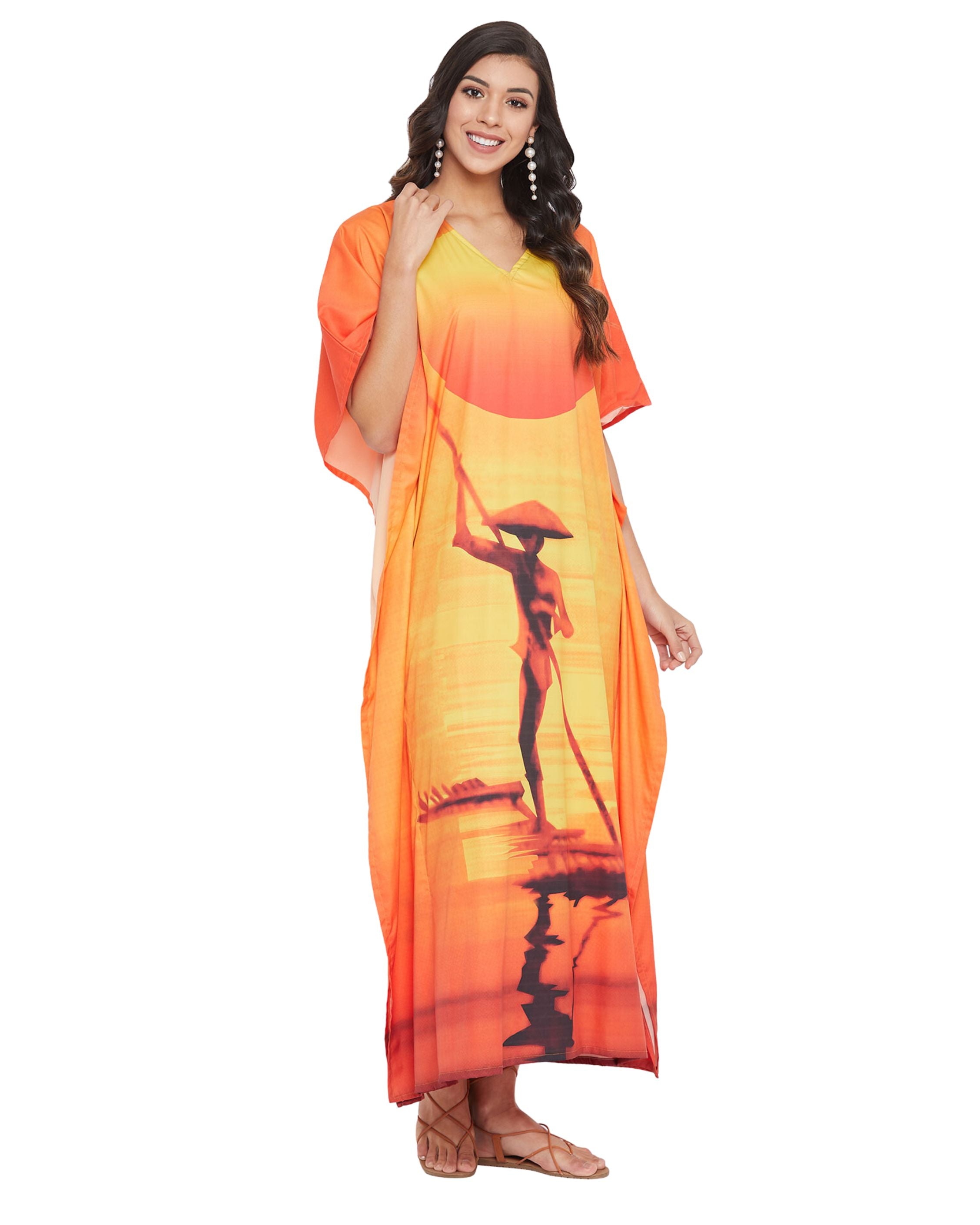 Dress For Plus Size Women Tribal Printed Orange Polyester Kaftan