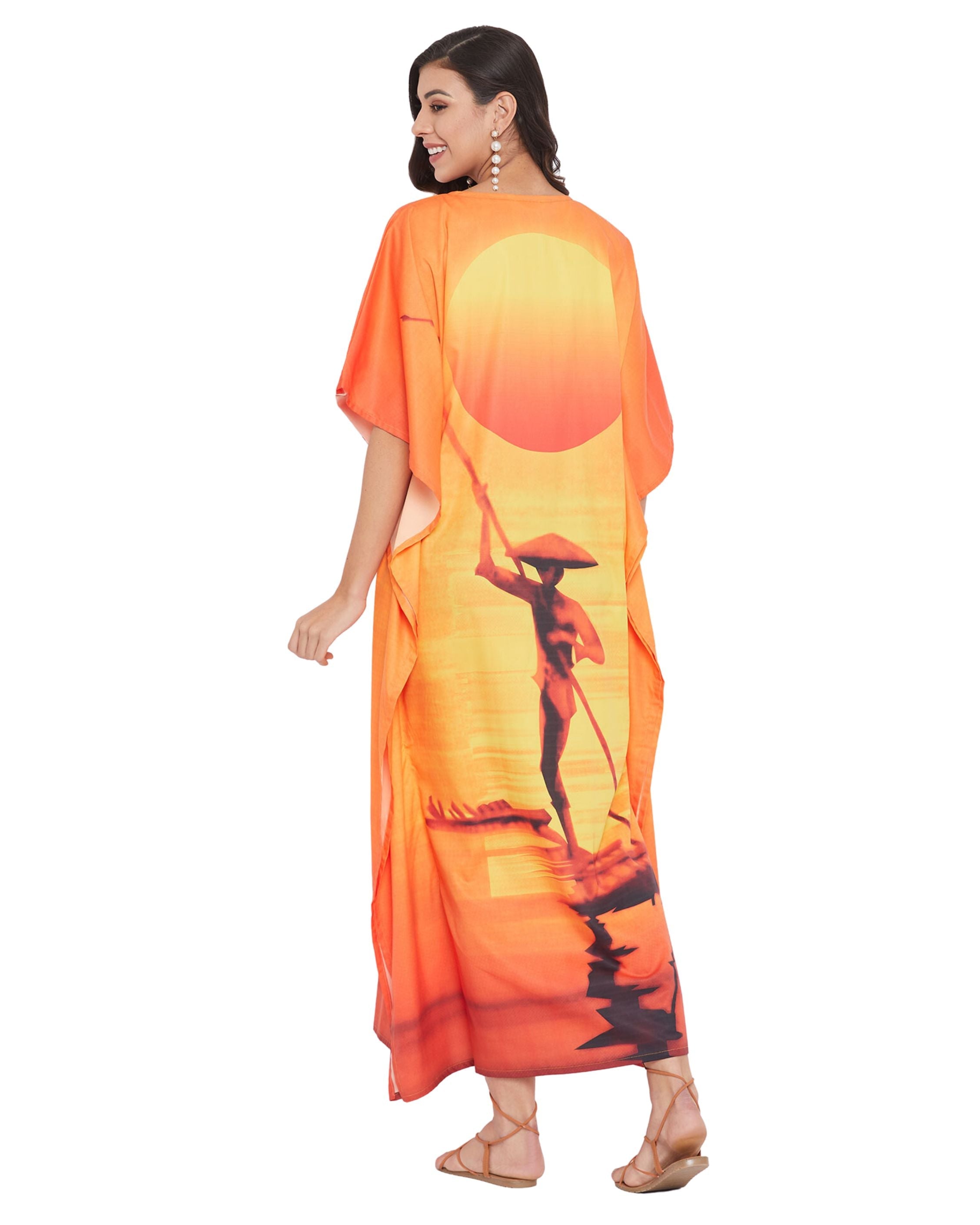 Dress For Plus Size Women Tribal Printed Orange Polyester Kaftan