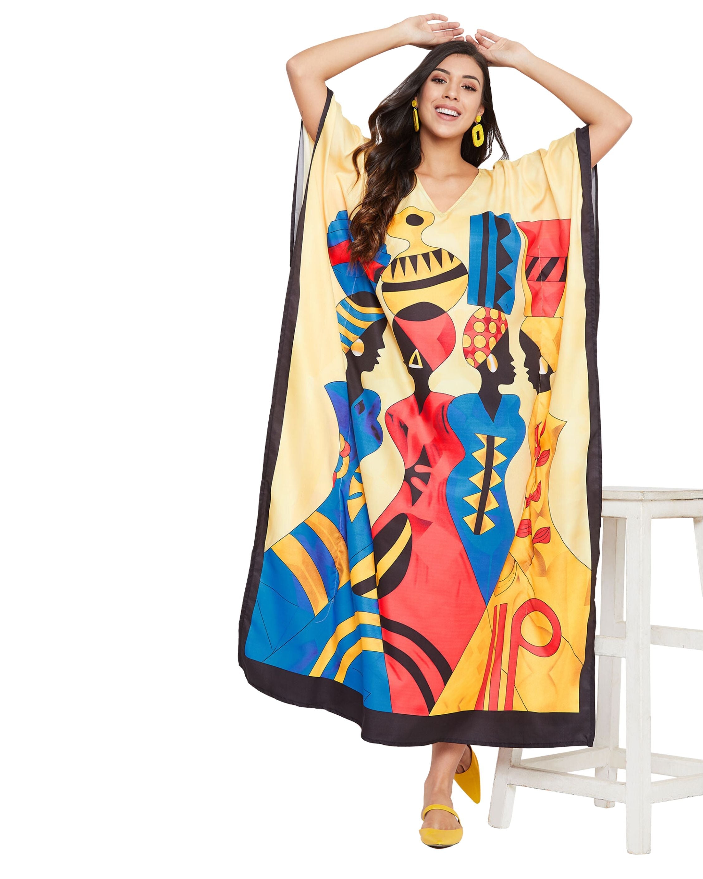Plus Size Women Tribal Printed Multicolor Polyester Kaftan