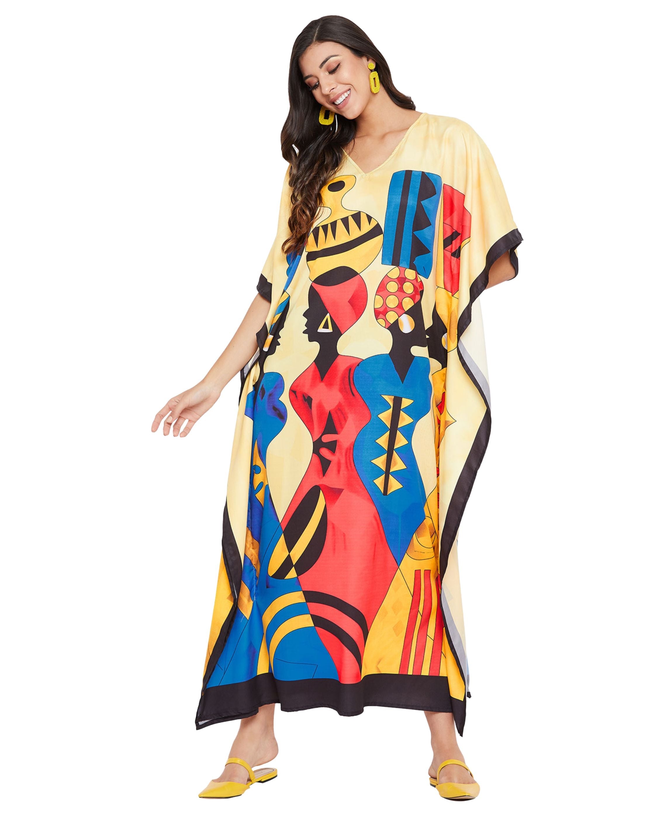 Plus Size Women Tribal Printed Multicolor Polyester Kaftan