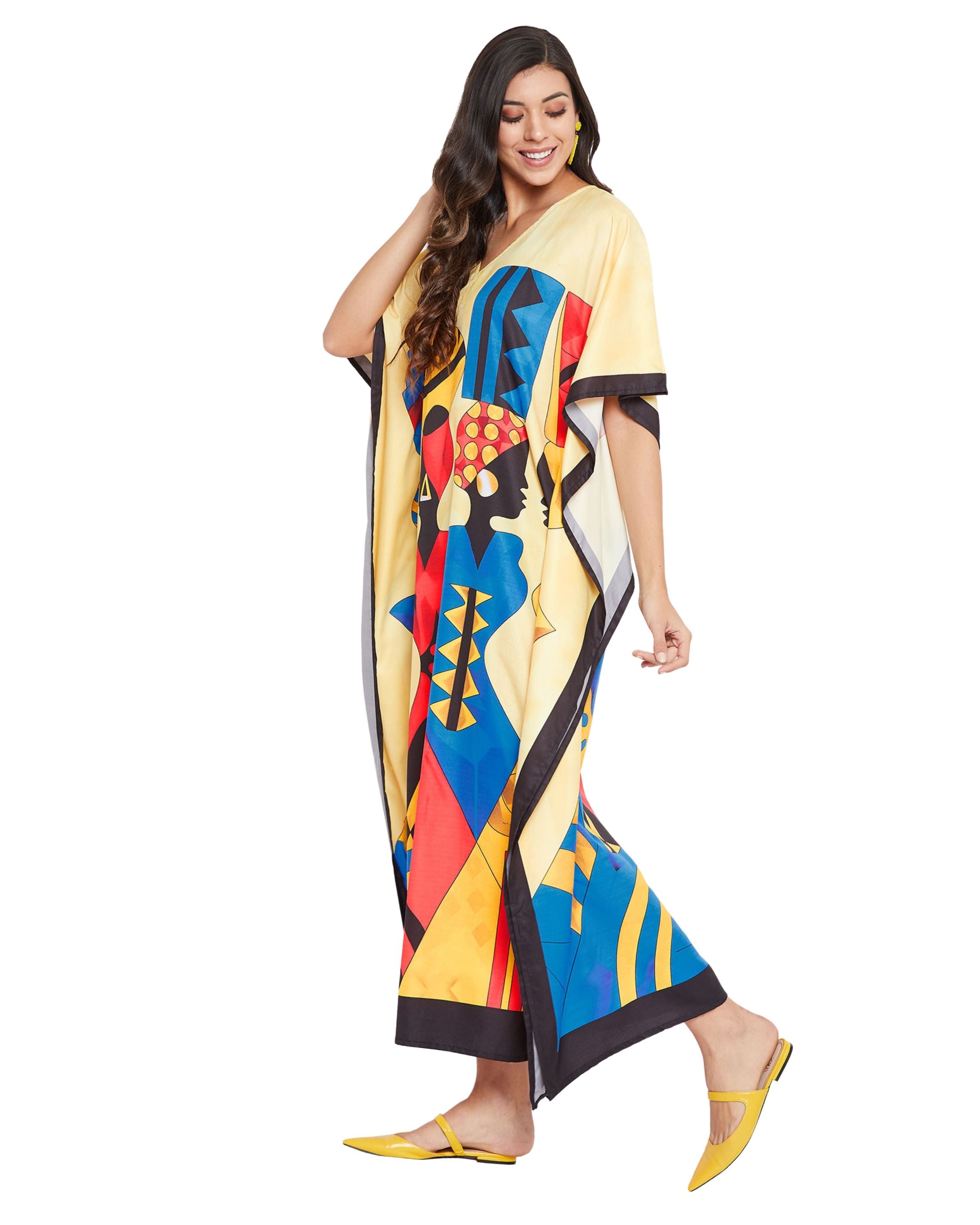 Plus Size Women Tribal Printed Multicolor Polyester Kaftan