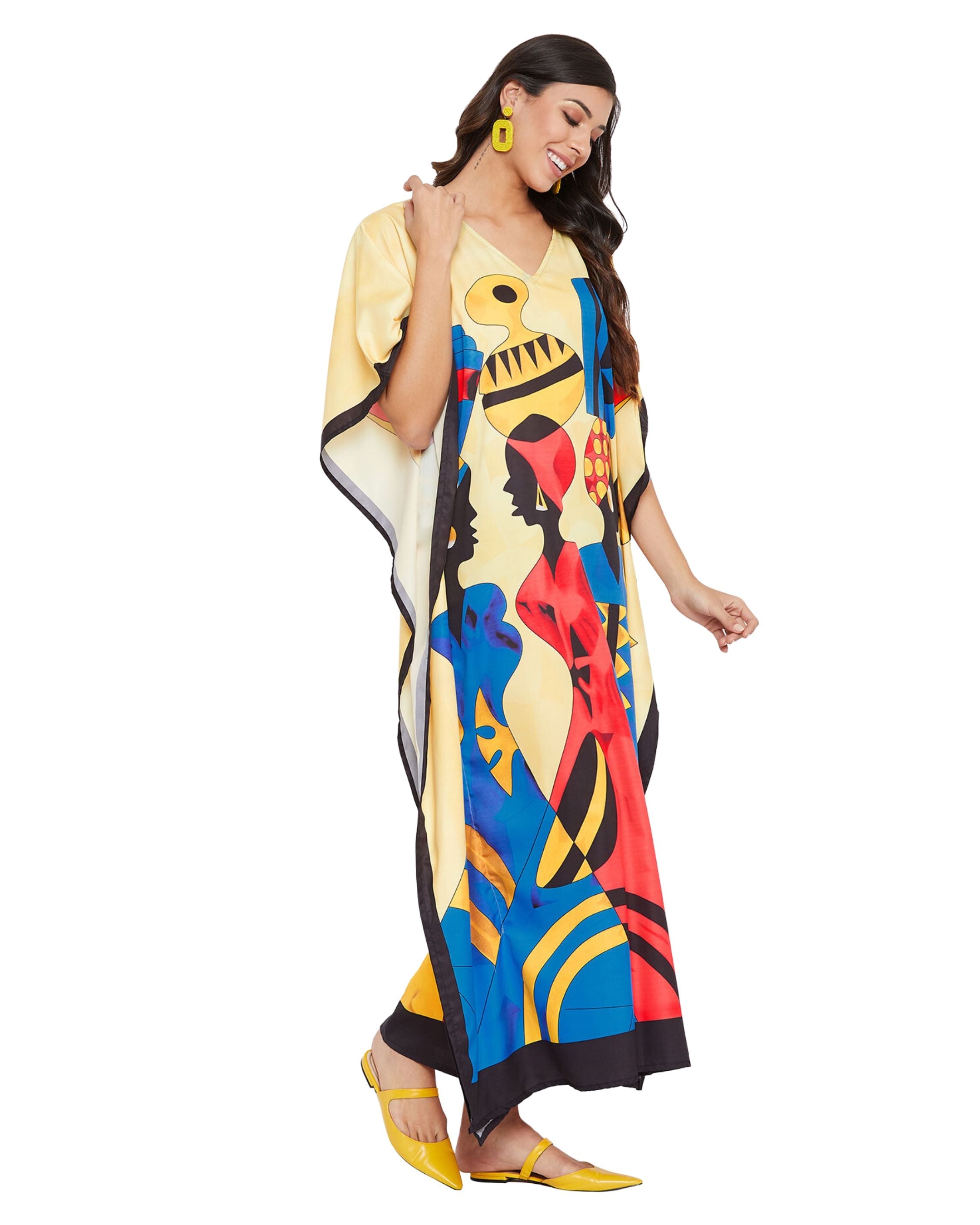 Plus Size Women Tribal Printed Multicolor Polyester Kaftan