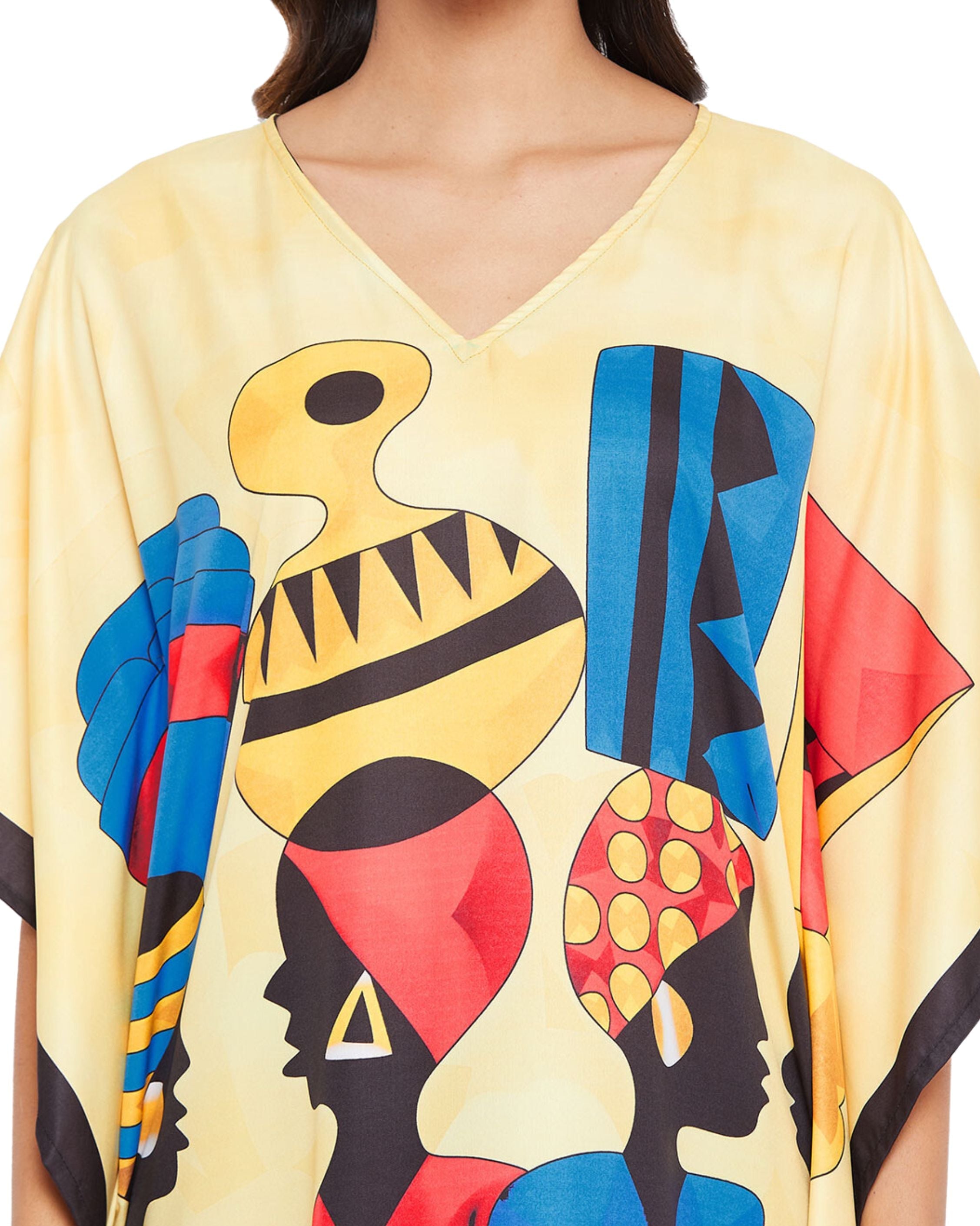 Plus Size Women Tribal Printed Multicolor Polyester Kaftan