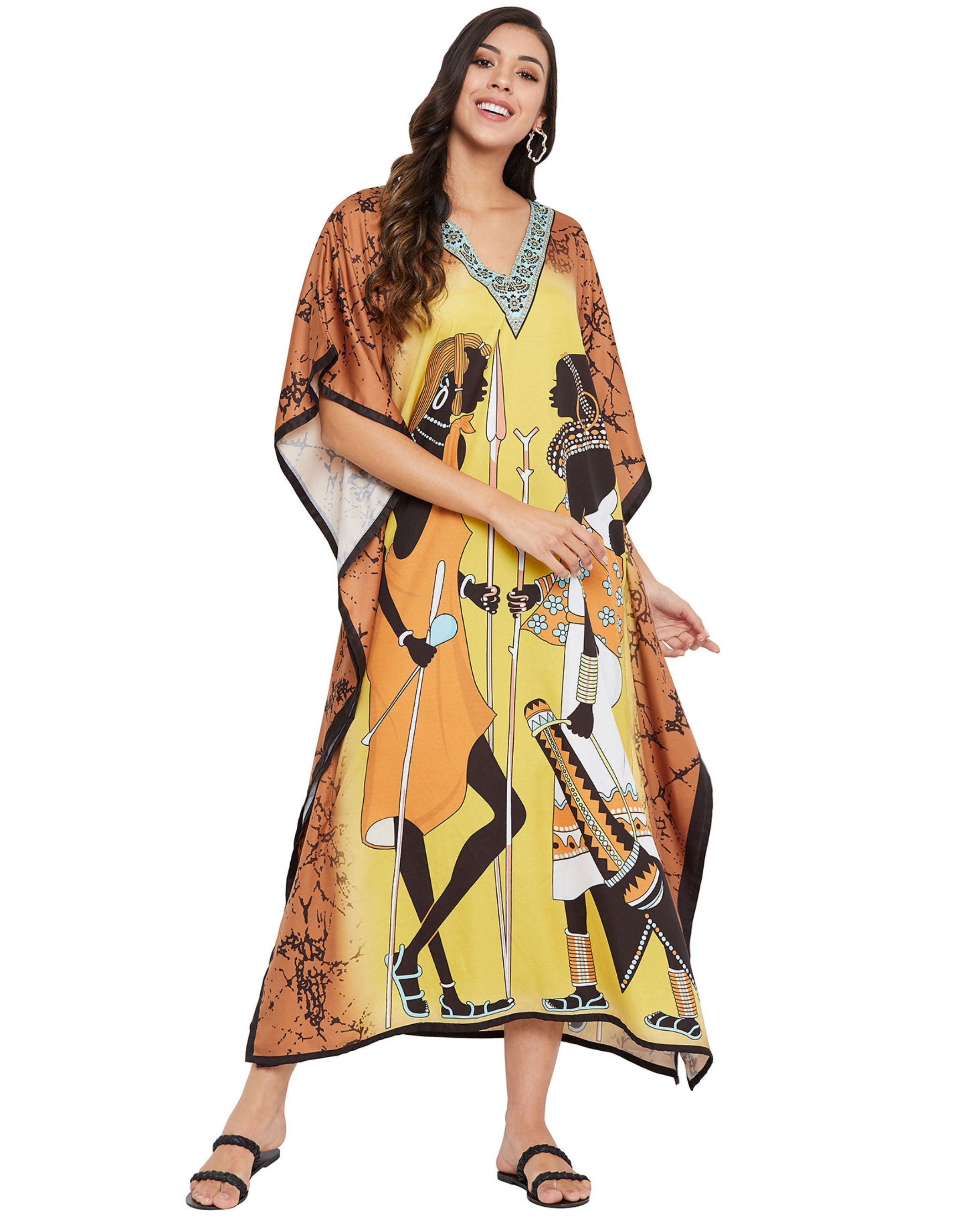 Kaftan For Plus Size Women Tribal Printed Yellow Polyester