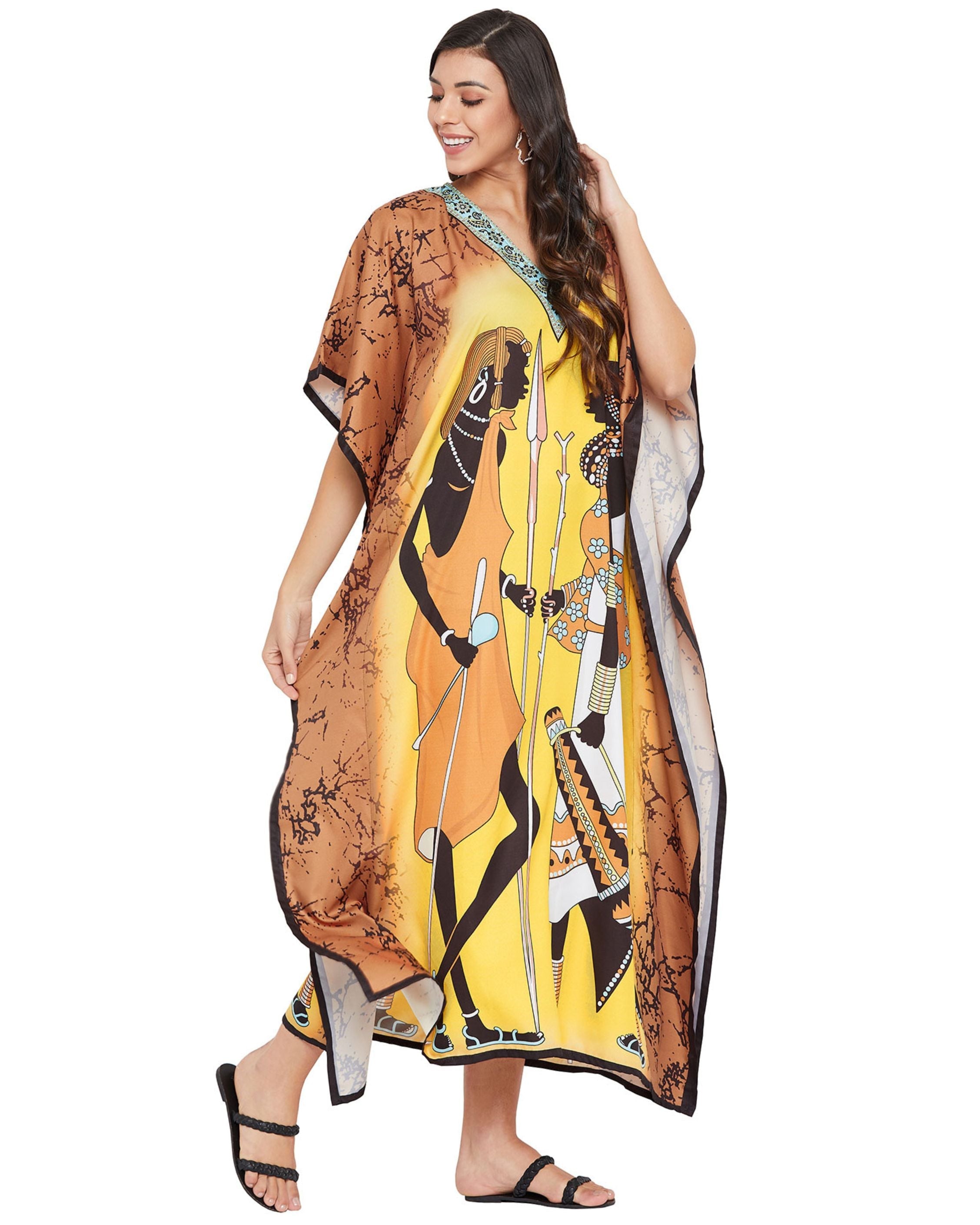 Kaftan For Plus Size Women Tribal Printed Yellow Polyester