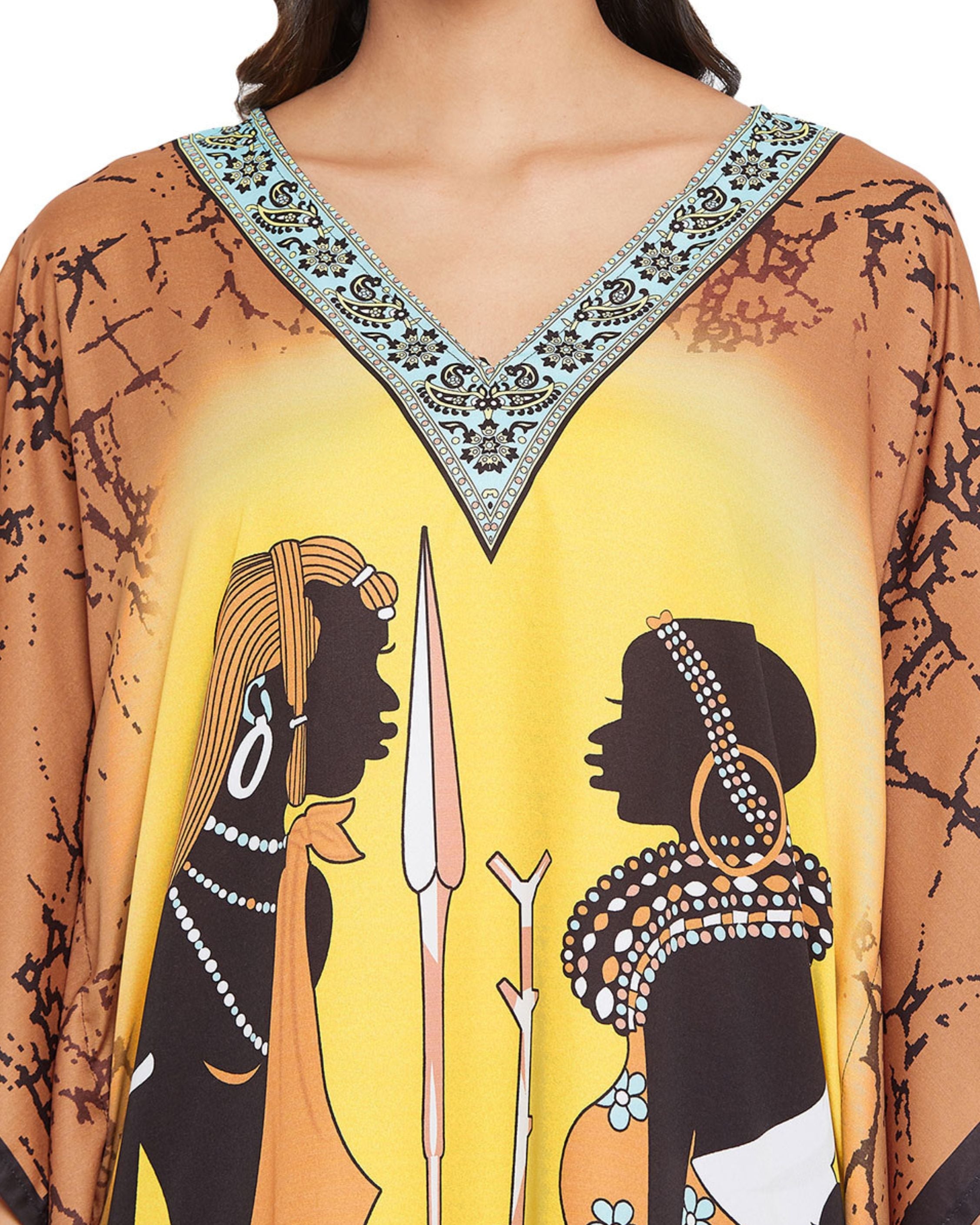 Kaftan For Plus Size Women Tribal Printed Yellow Polyester