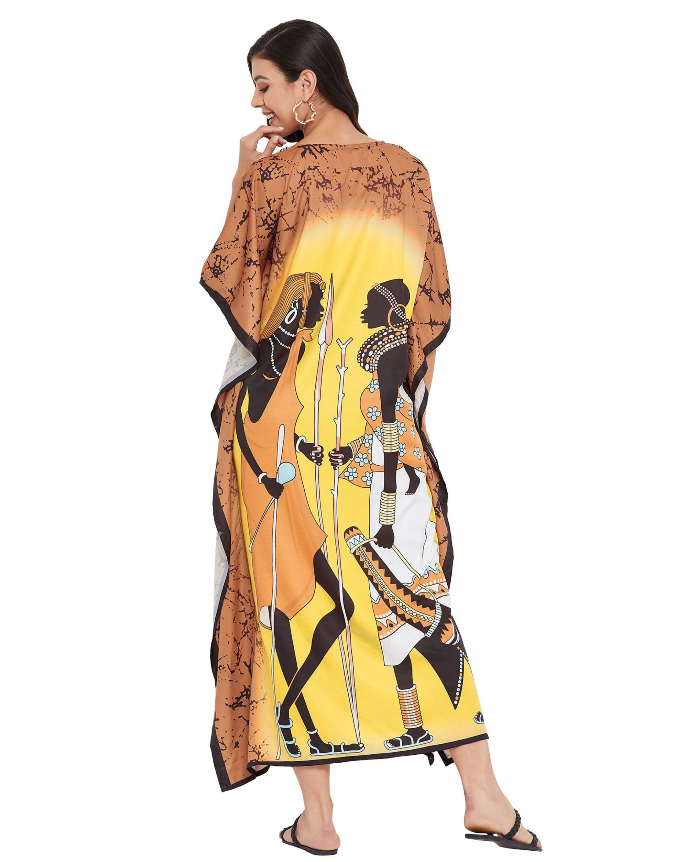 Kaftan For Plus Size Women Tribal Printed Yellow Polyester