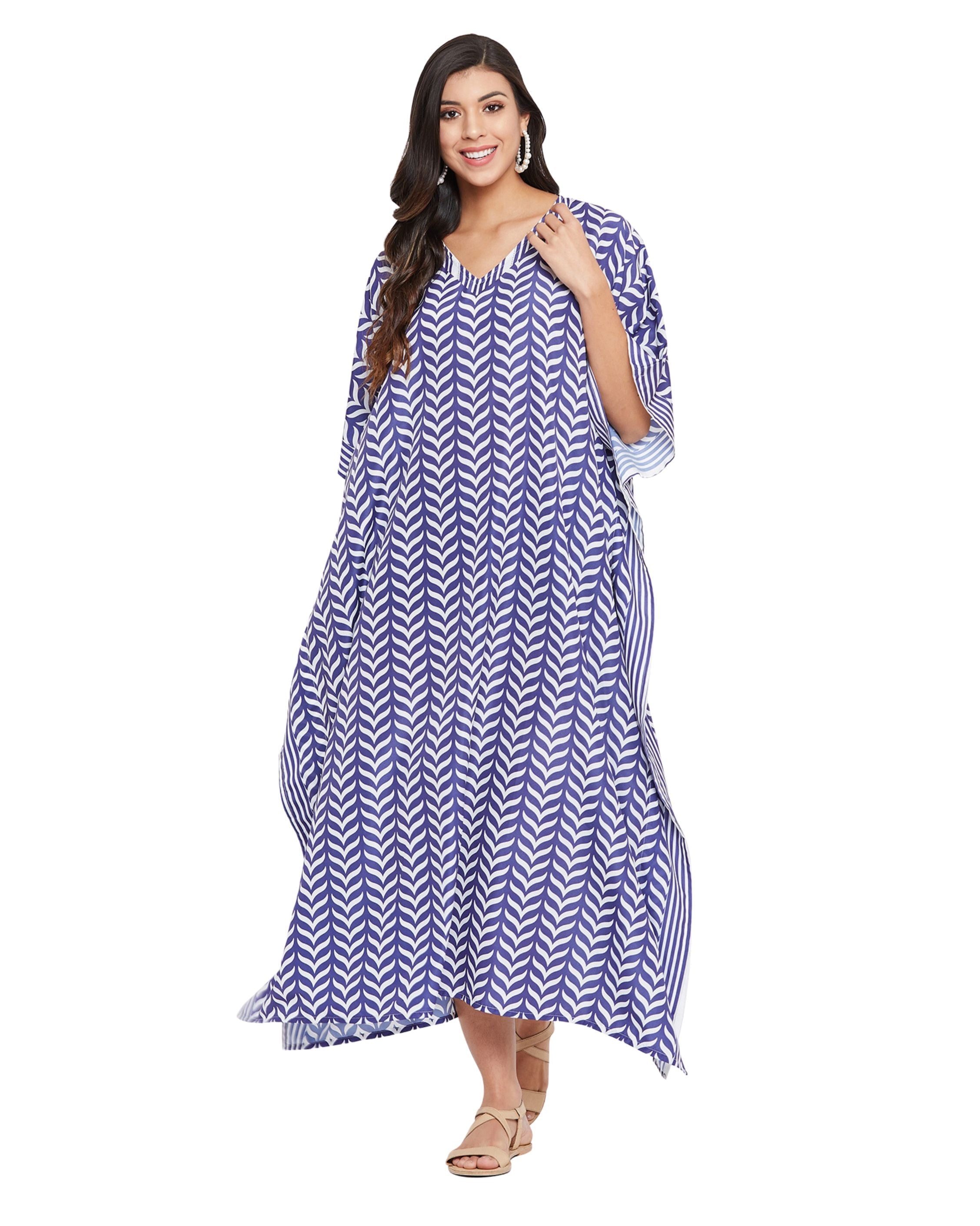 Geometric Printed Blue Polyester Plus Size Kaftan Dress For Women