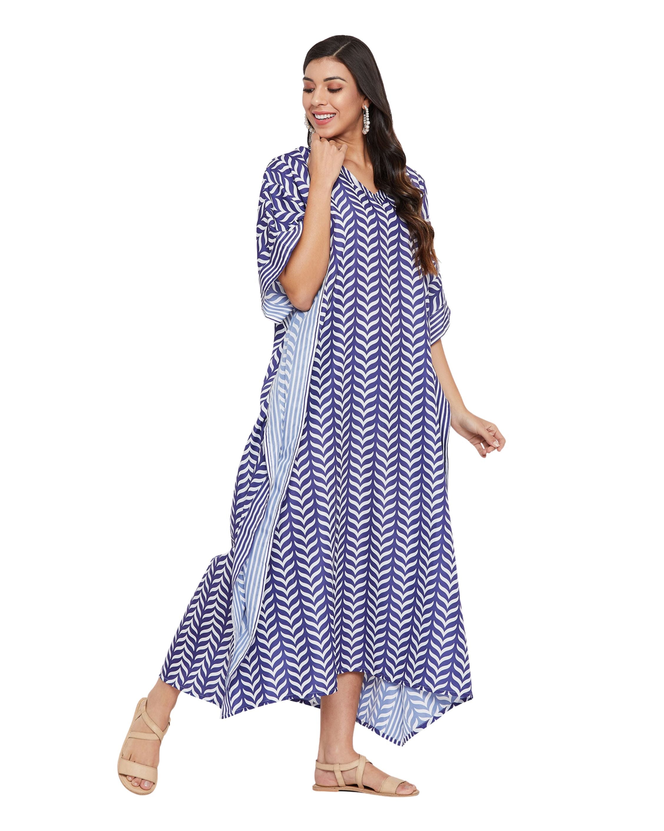 Geometric Printed Blue Polyester Plus Size Kaftan Dress For Women