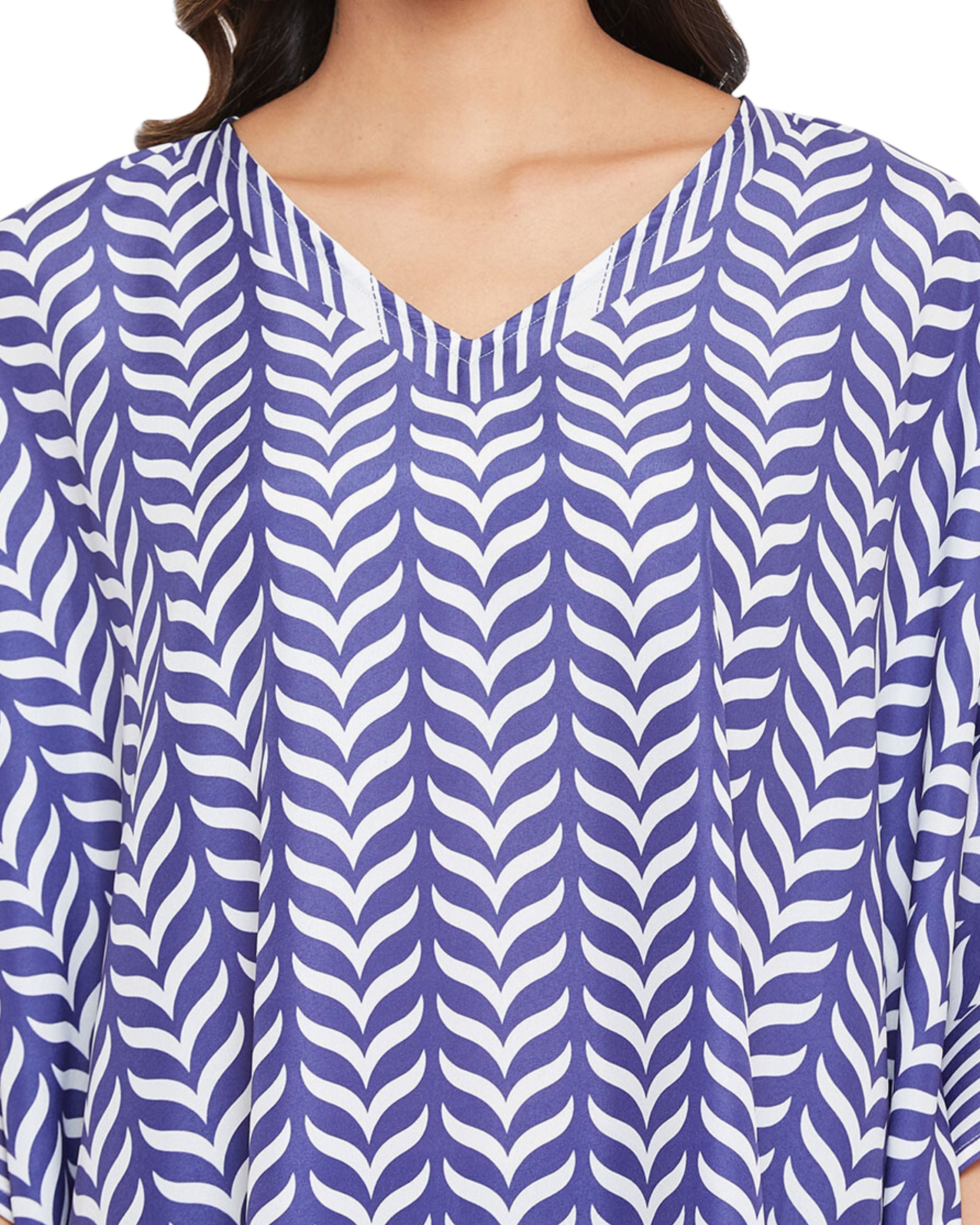 Geometric Printed Blue Polyester Plus Size Kaftan Dress For Women