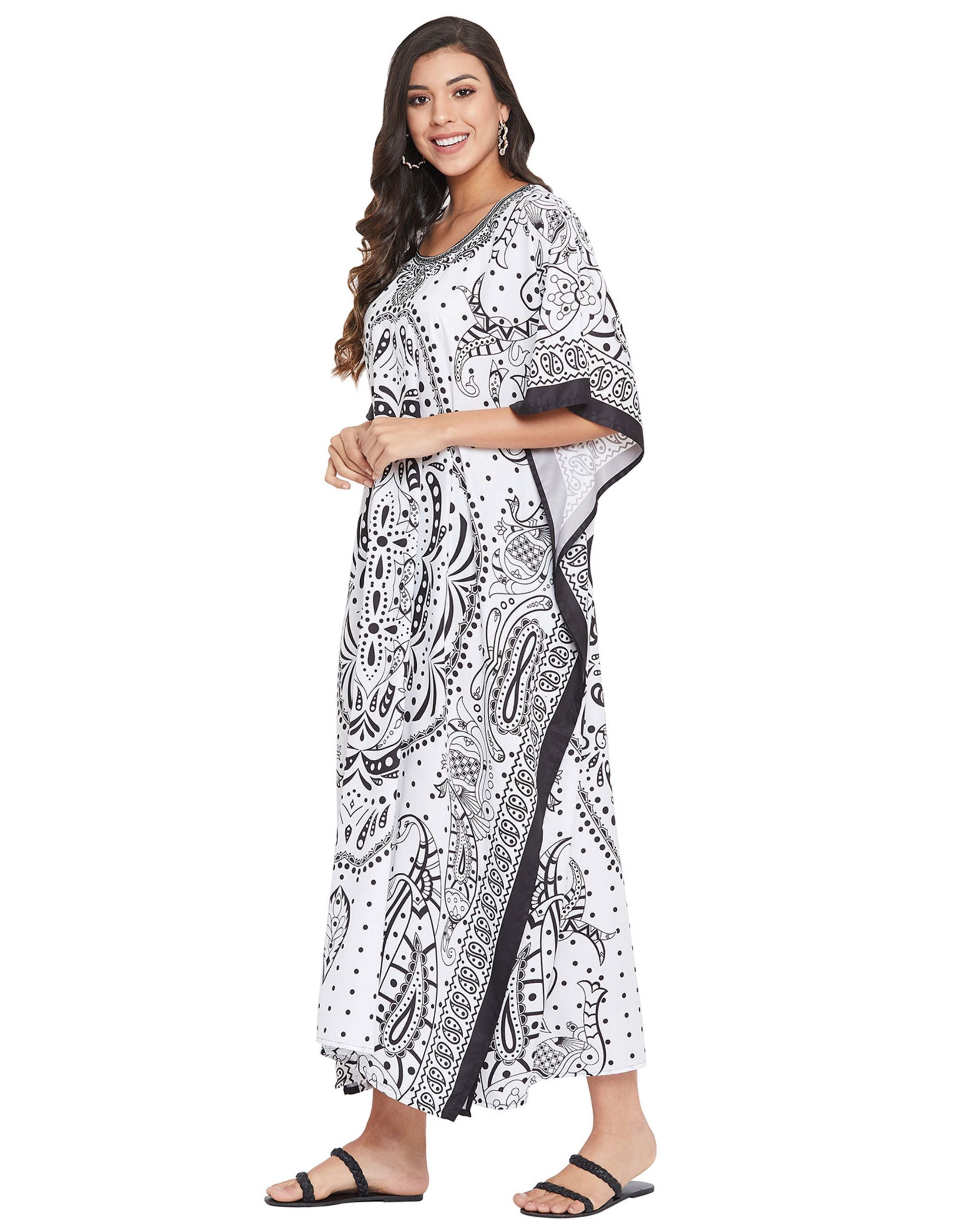 Paisley Printed White Polyester Kaftan Plus Size Dress For Women