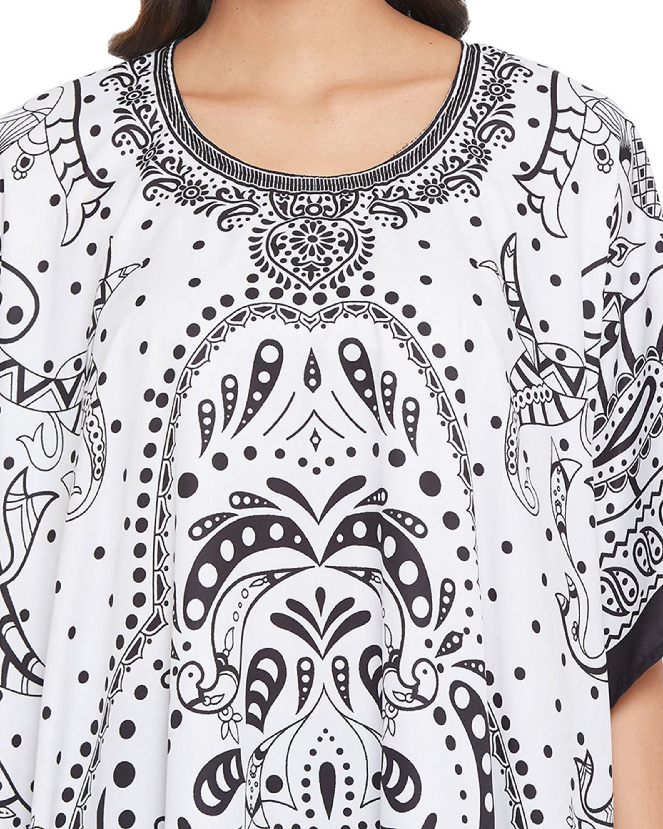 Paisley Printed White Polyester Kaftan Plus Size Dress For Women