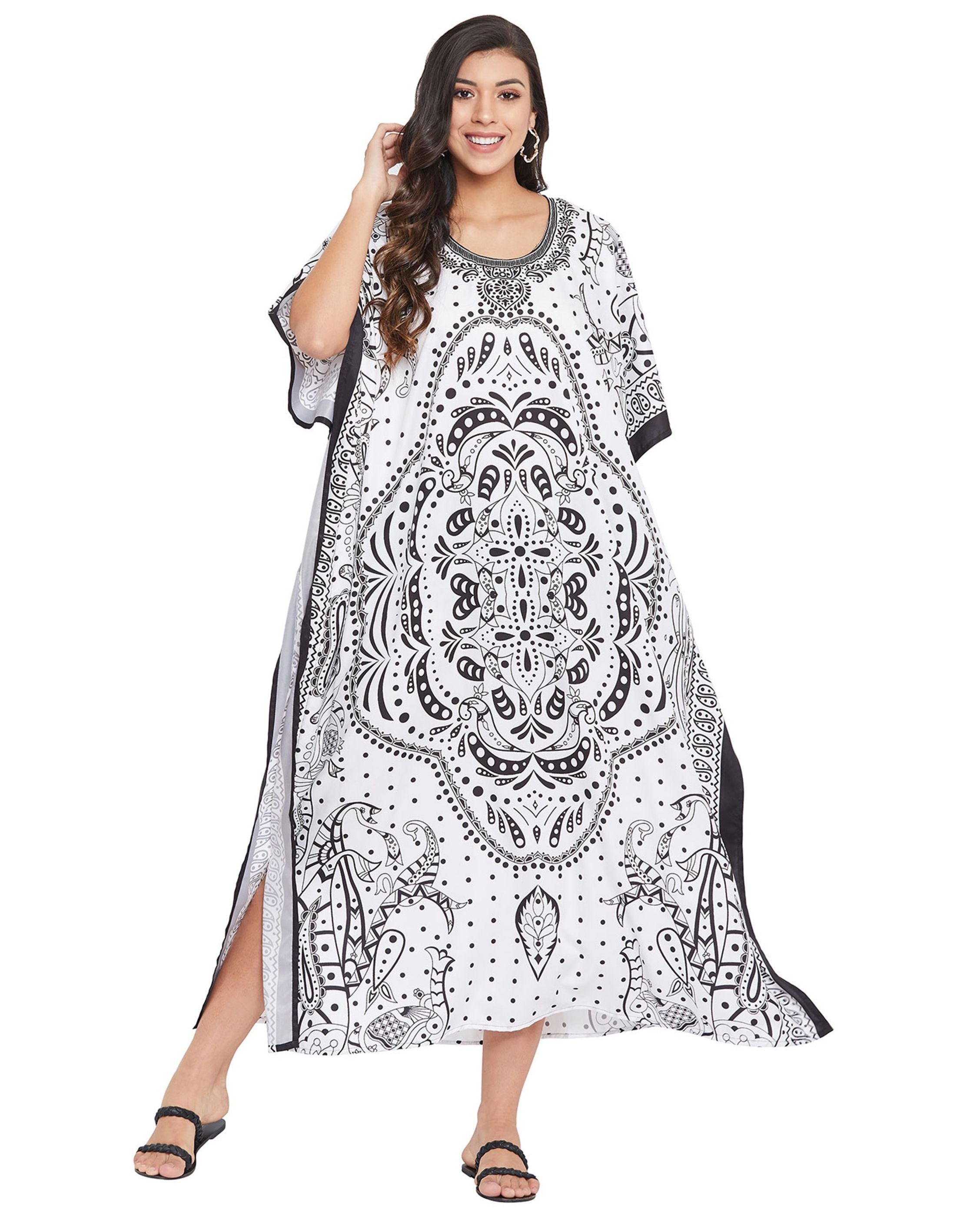 Paisley Printed White Polyester Kaftan Plus Size Dress For Women