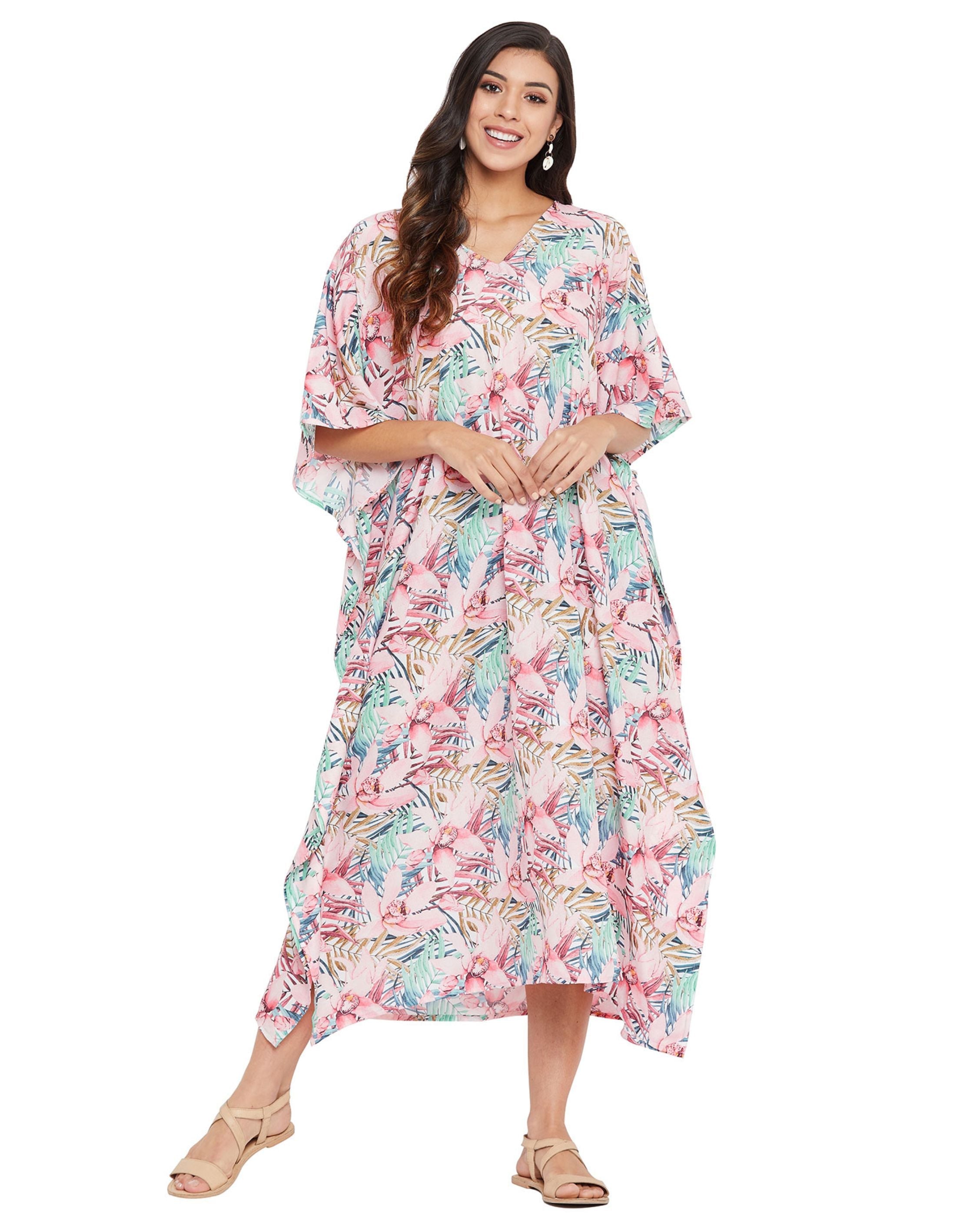 Floral Printed Pink Polyester Kaftan Plus Size Dress For Women