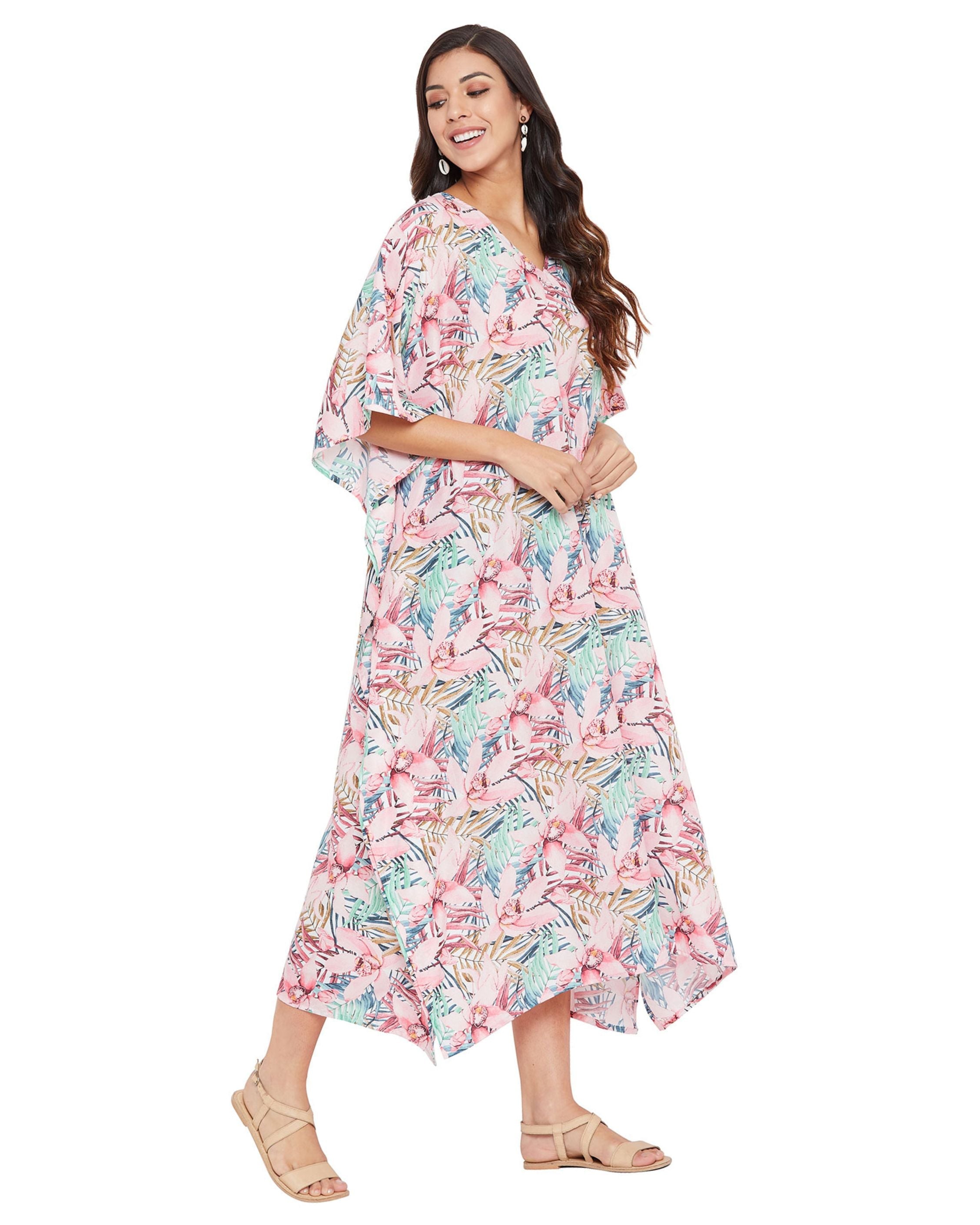 Floral Printed Pink Polyester Kaftan Plus Size Dress For Women