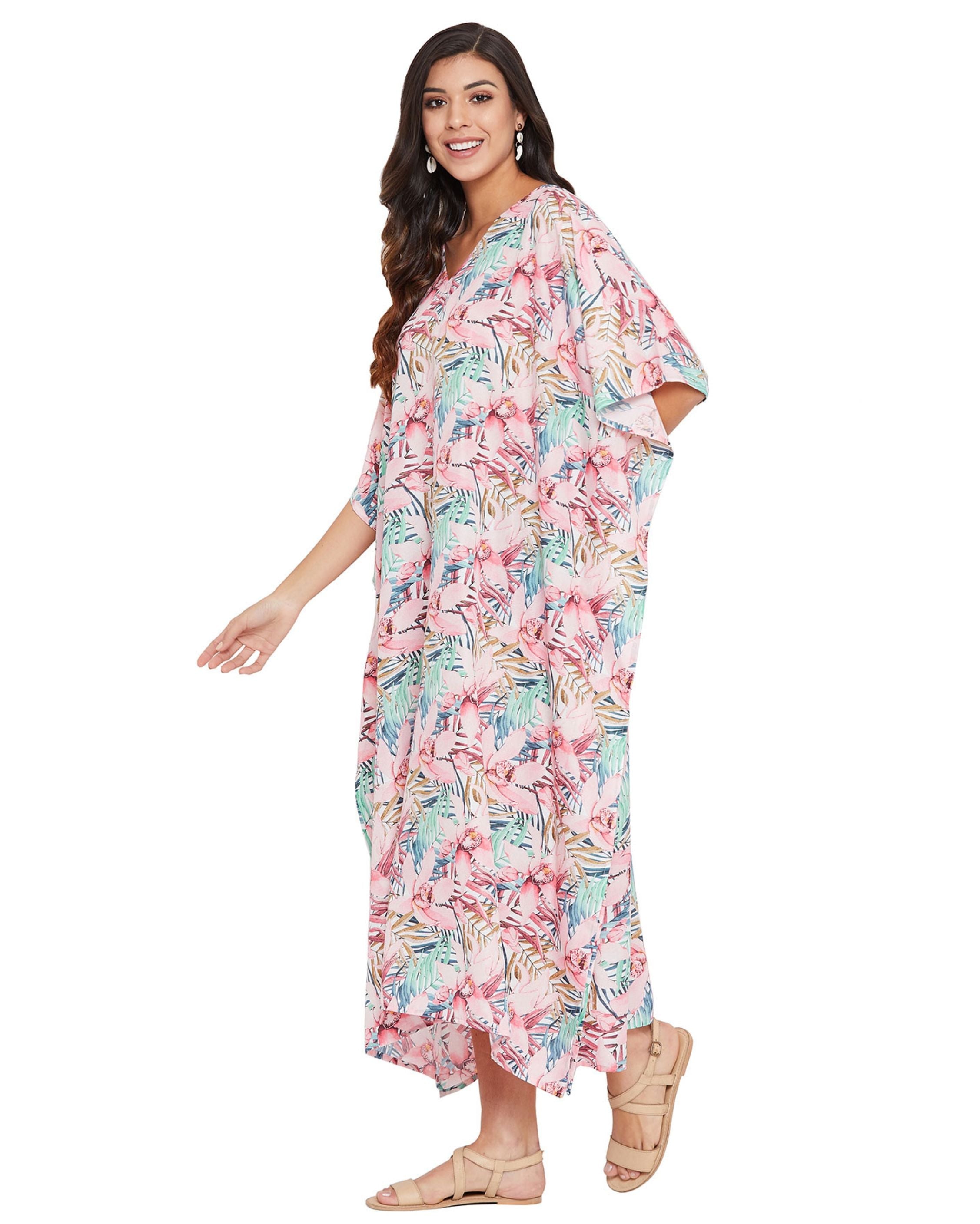 Floral Printed Pink Polyester Kaftan Plus Size Dress For Women