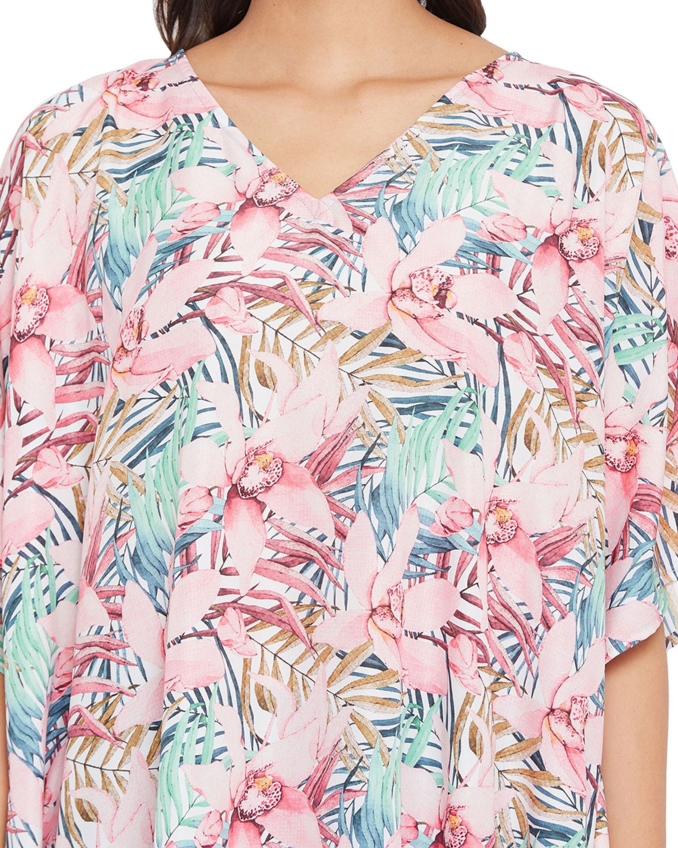 Floral Printed Pink Polyester Kaftan Plus Size Dress For Women