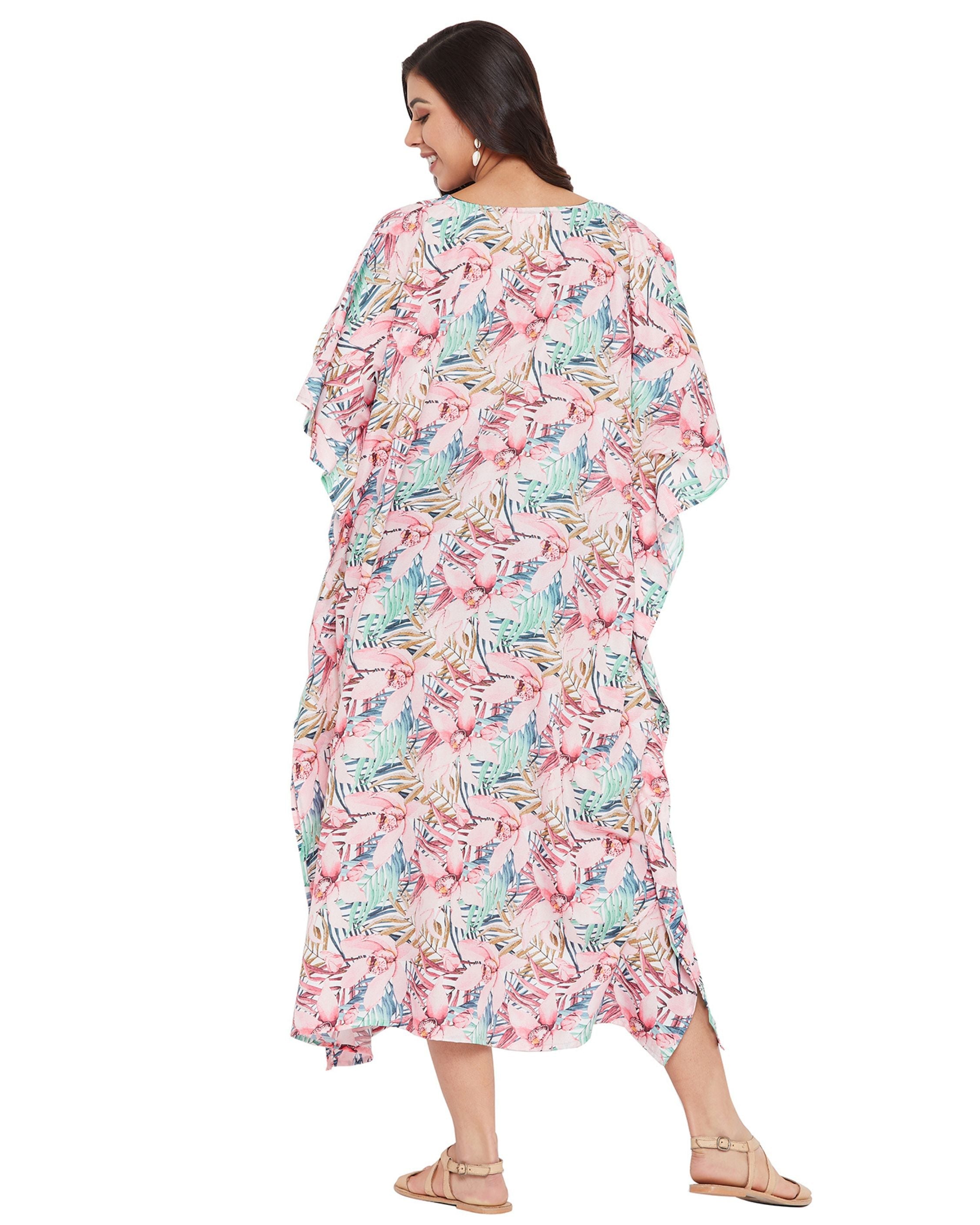 Floral Printed Pink Polyester Kaftan Plus Size Dress For Women