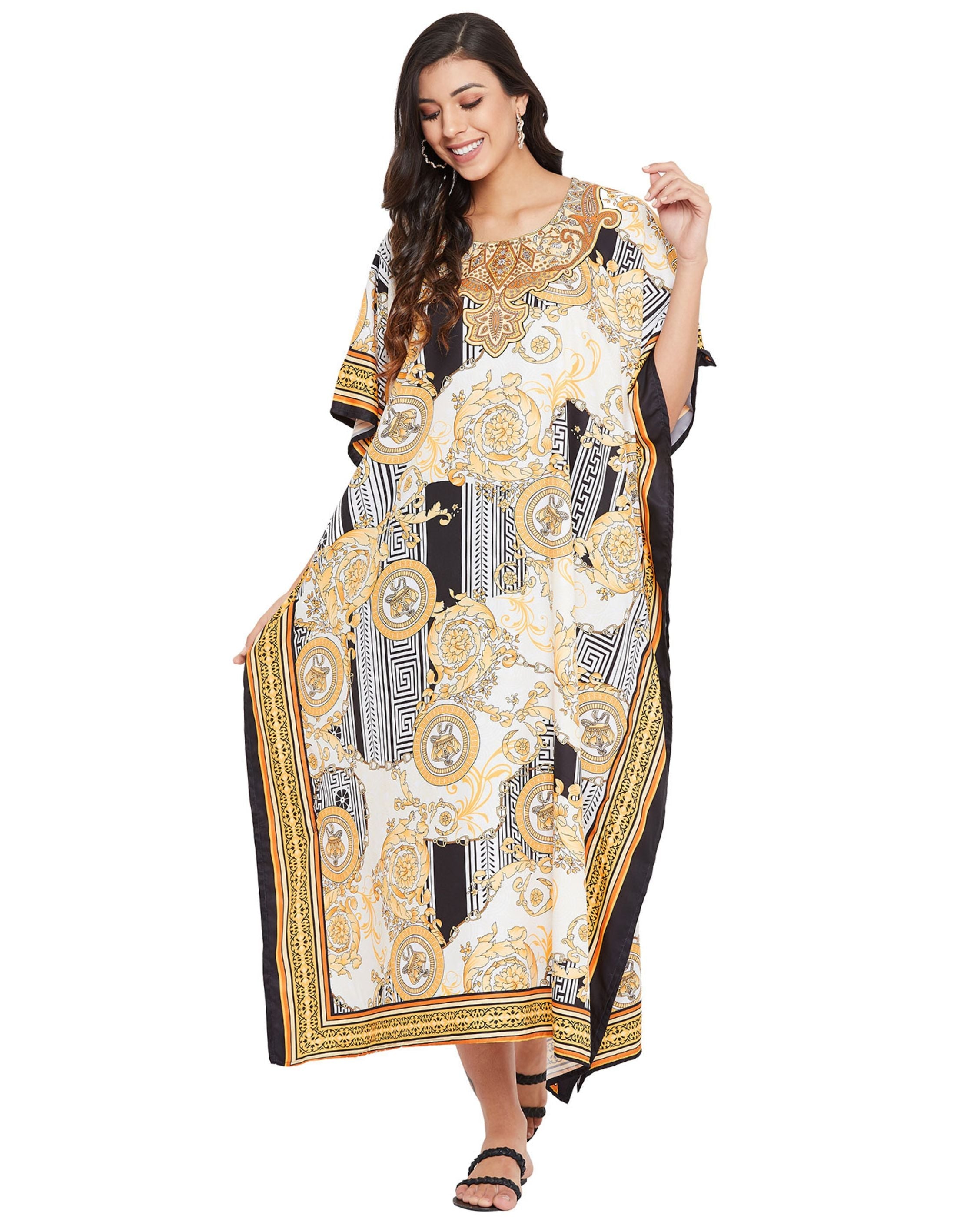 Floral Printed Cream Polyester Kaftan Dress For Plus Size Women