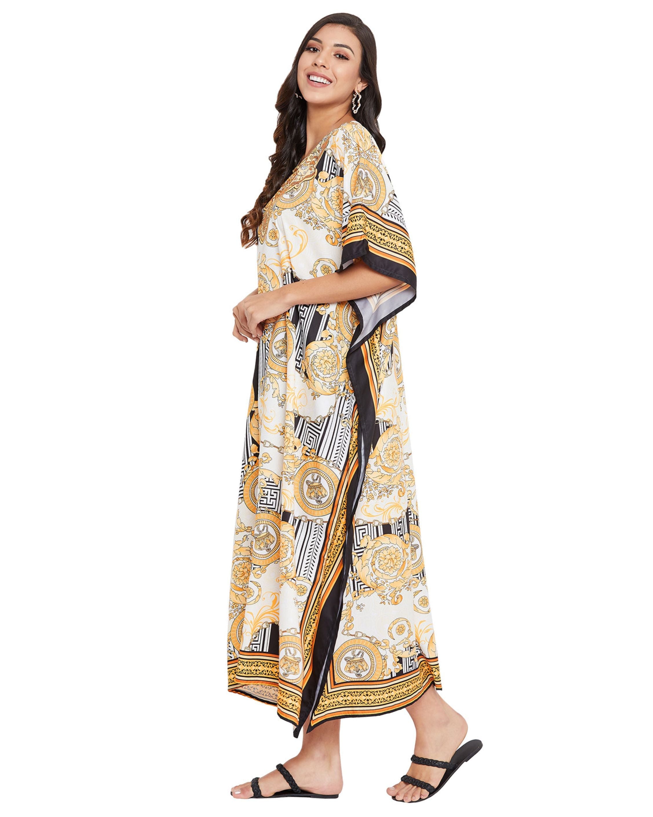 Floral Printed Cream Polyester Kaftan Dress For Plus Size Women
