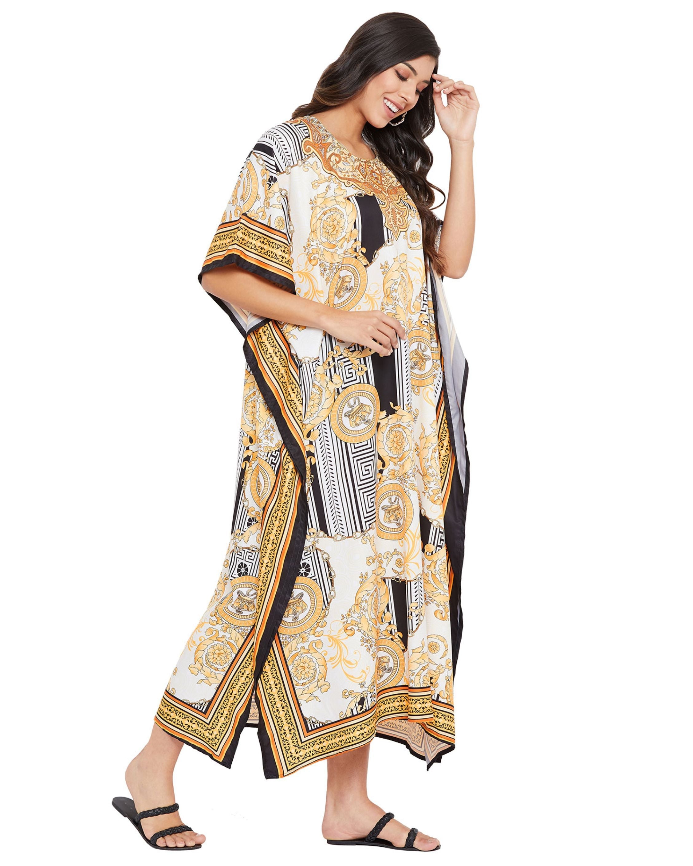 Floral Printed Cream Polyester Kaftan Dress For Plus Size Women