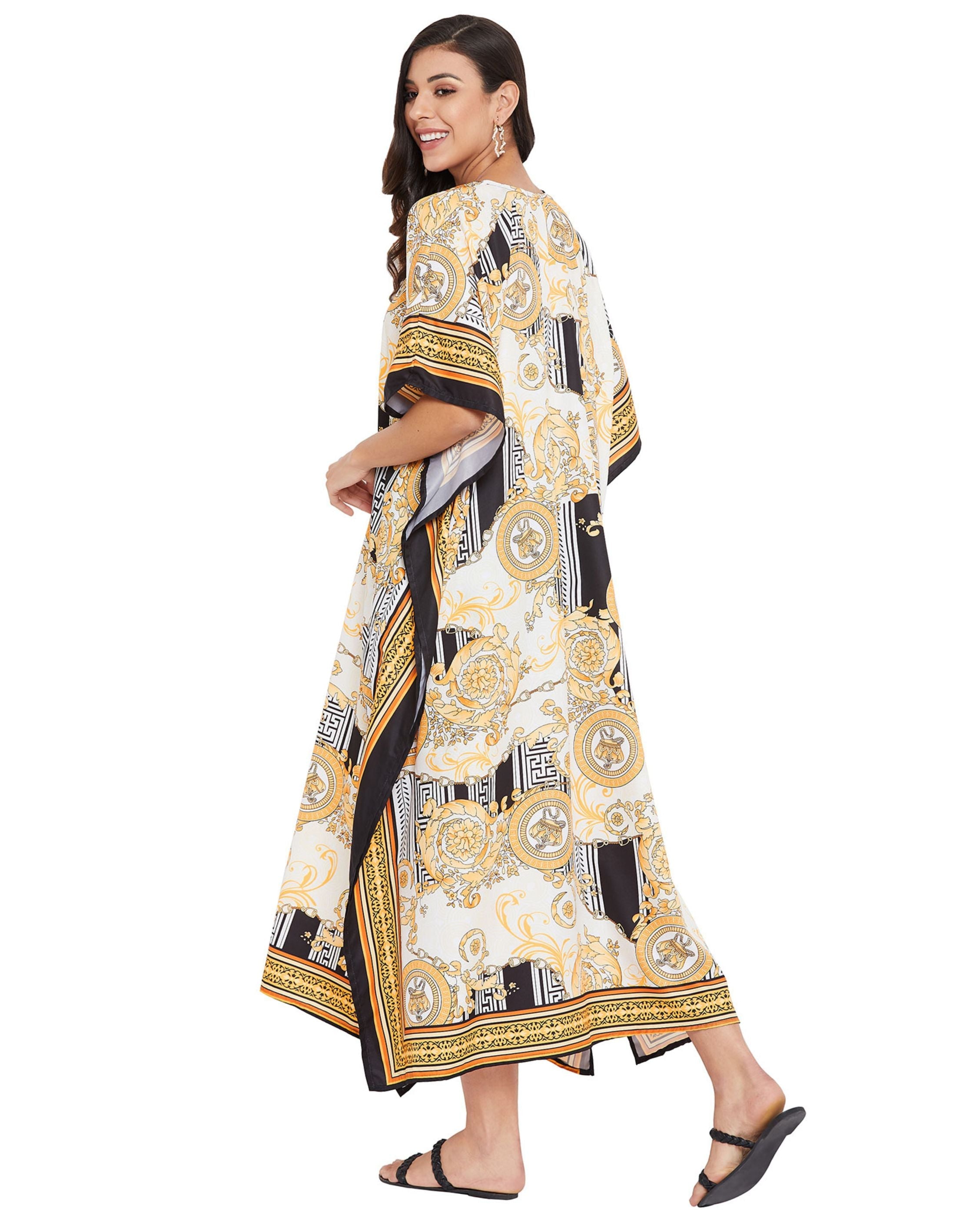 Floral Printed Cream Polyester Kaftan Dress For Plus Size Women