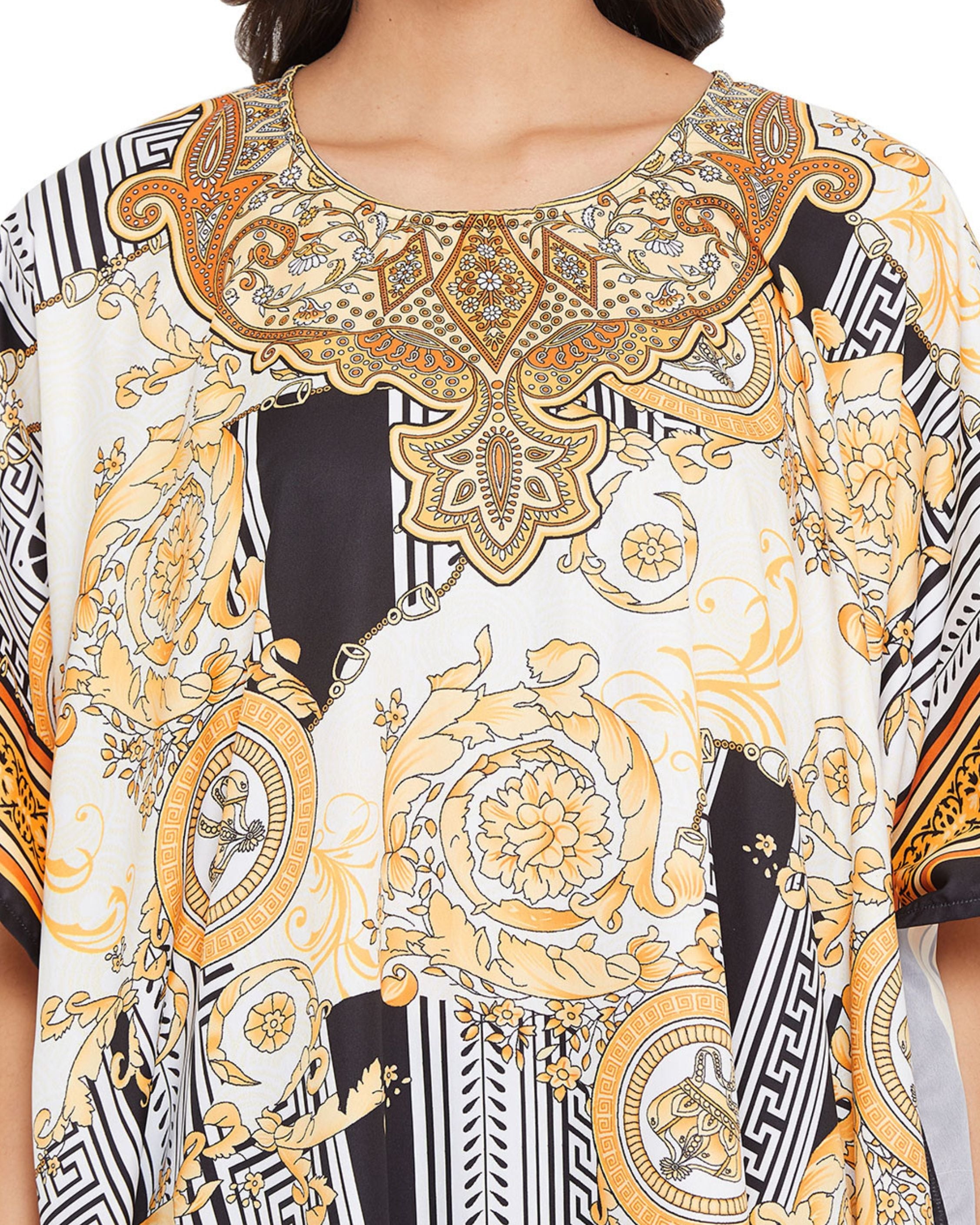 Floral Printed Cream Polyester Kaftan Dress For Plus Size Women