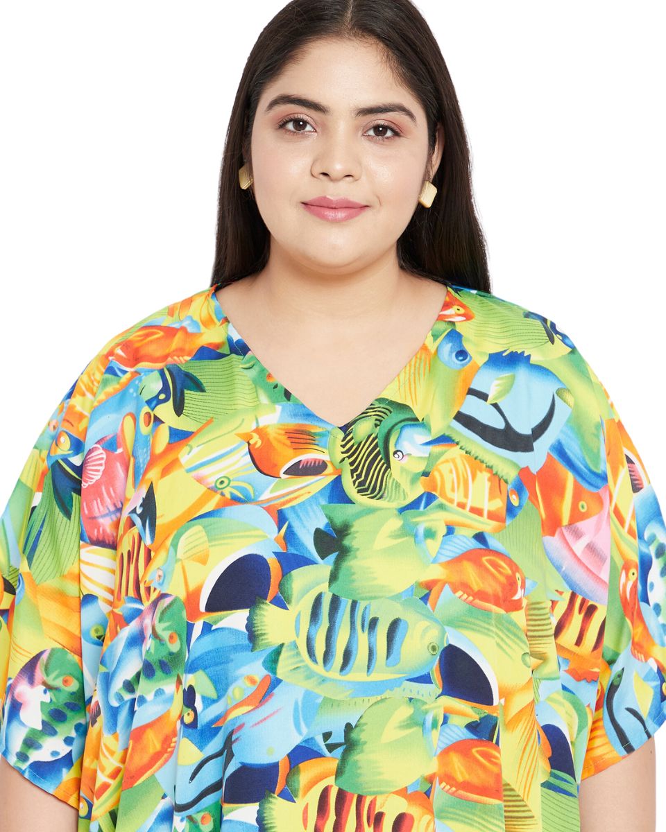 Animal Printed Green Polyester Kaftan Dress For Plus Size Women
