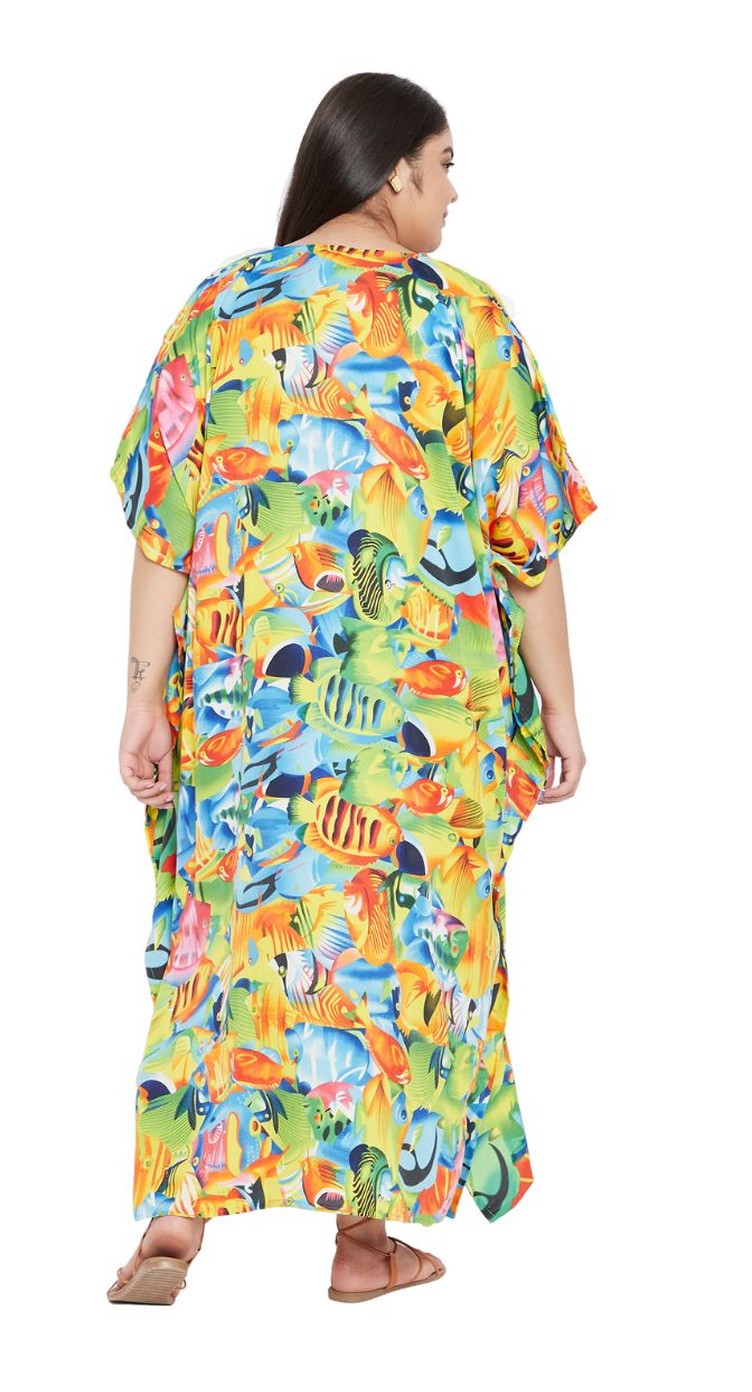 Multicolor tropical floral print plus size kaftan with V-neck and kimono sleeves — additional angle