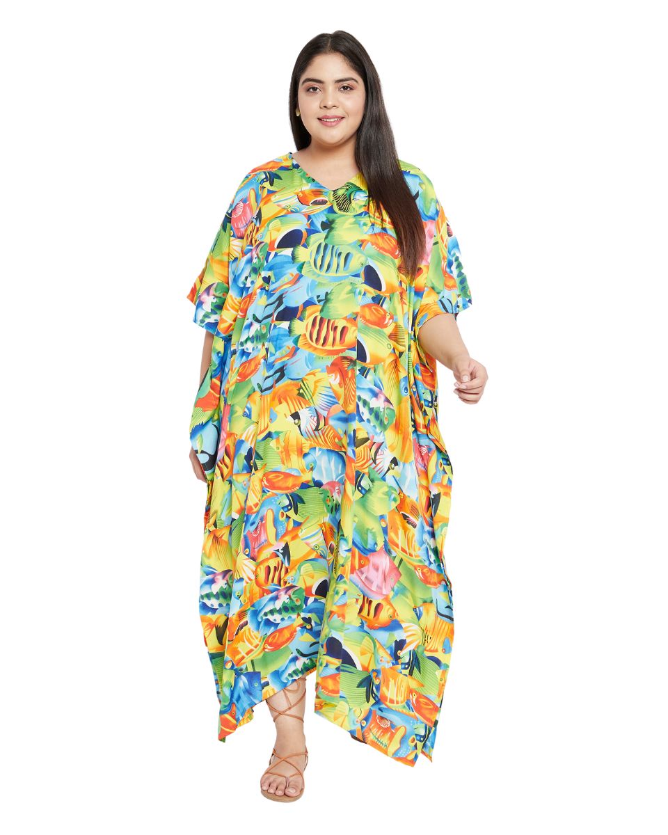 Animal Printed Green Polyester Kaftan Dress For Plus Size Women