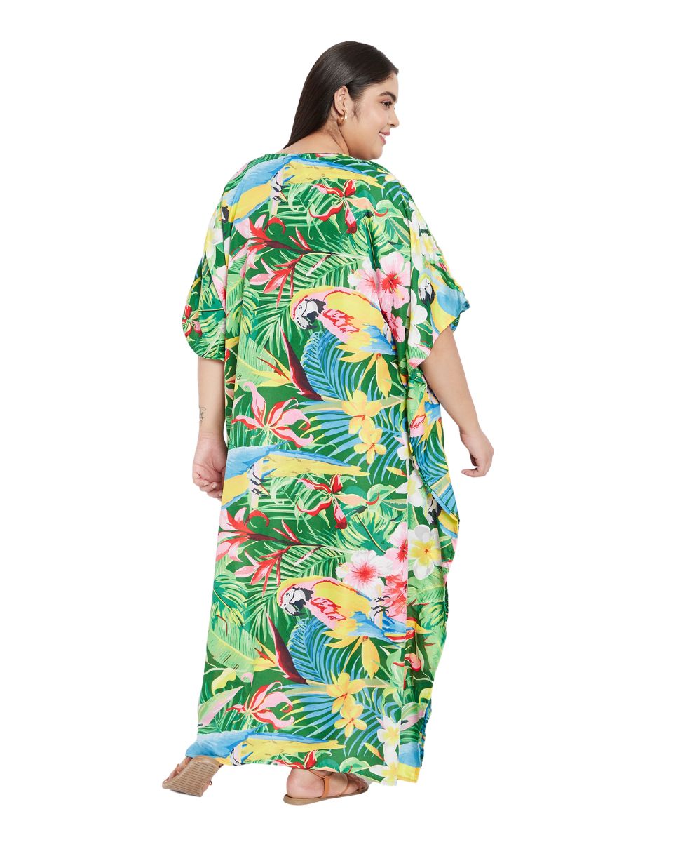Leaf Printed Green Polyester Plus Size Kaftan Dress For Women