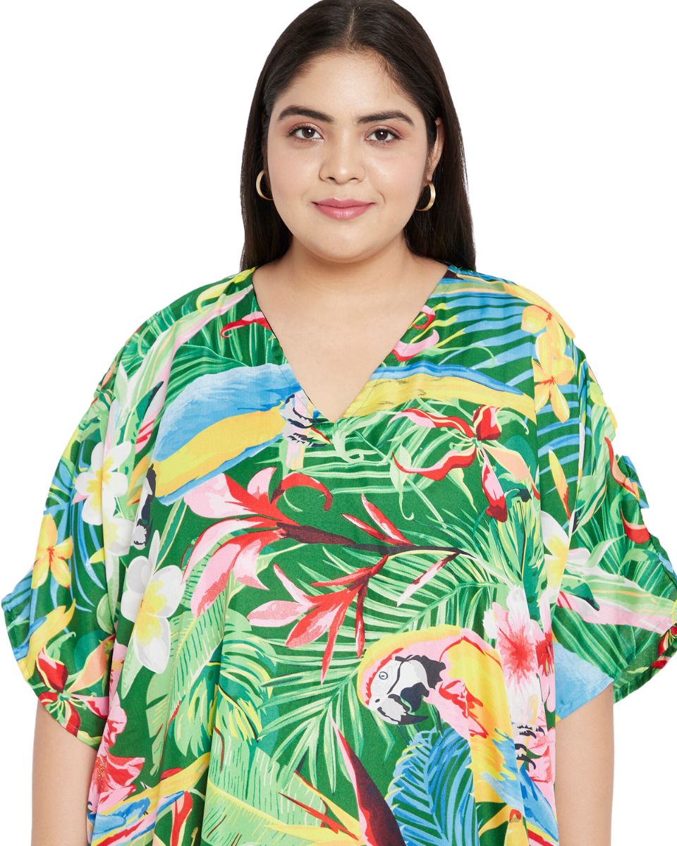 Leaf Printed Green Polyester Plus Size Kaftan Dress For Women