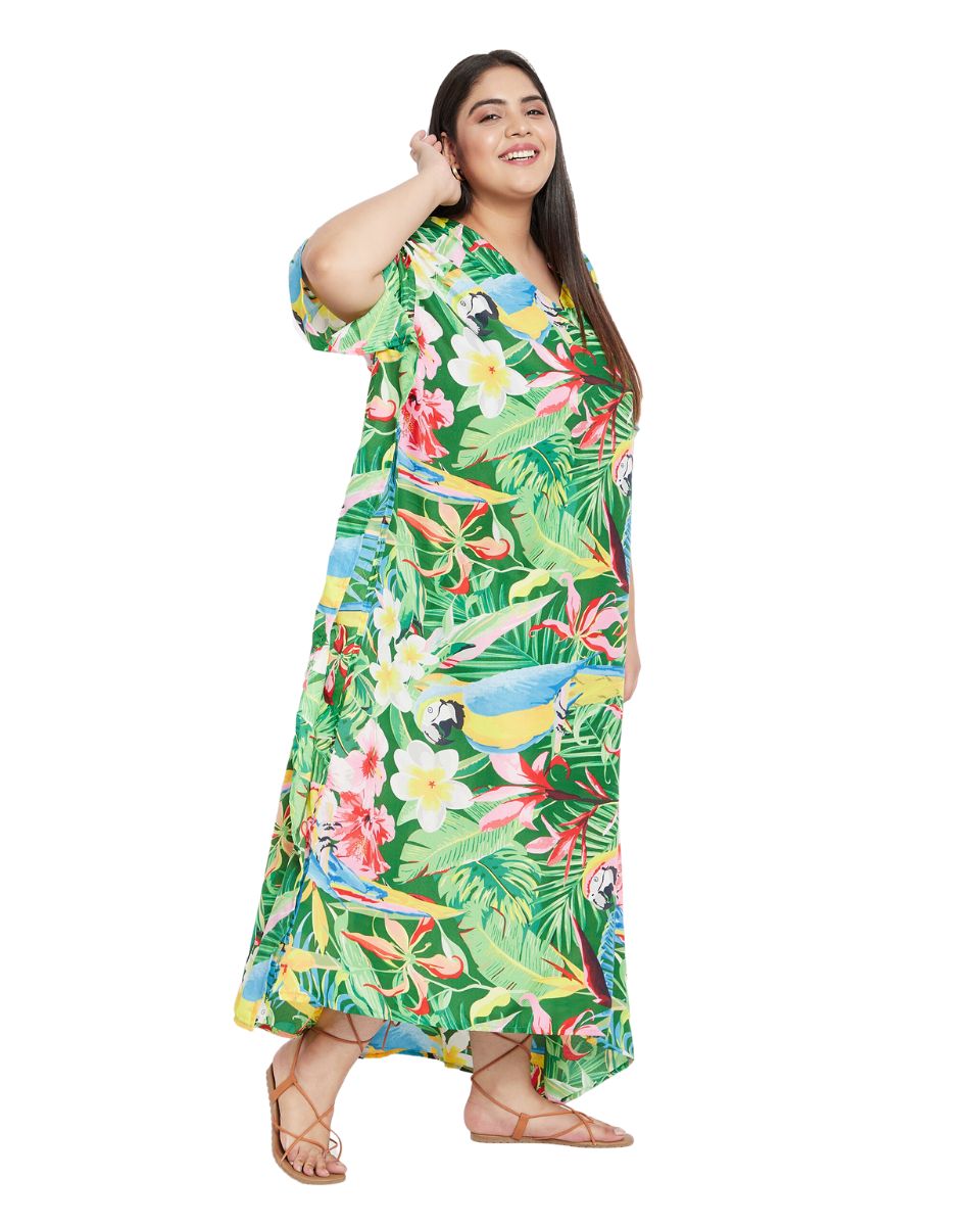 Leaf Printed Green Polyester Plus Size Kaftan Dress For Women
