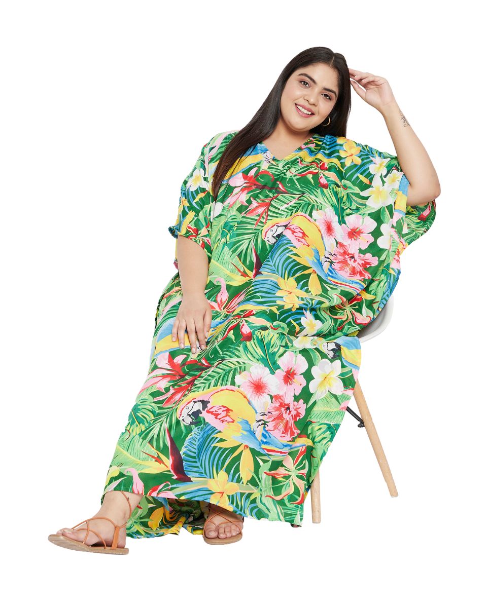 Leaf Printed Green Polyester Plus Size Kaftan Dress For Women
