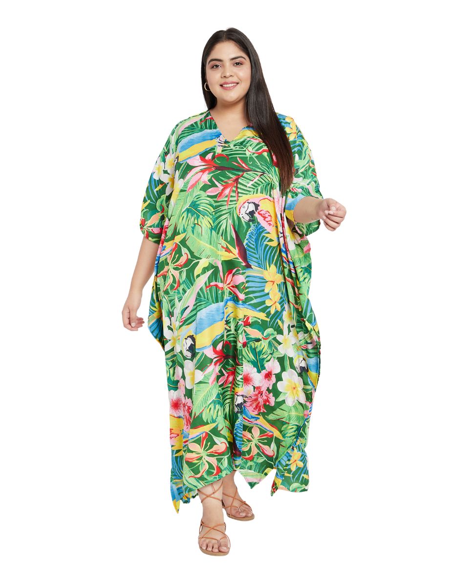 Leaf Printed Green Polyester Plus Size Kaftan Dress For Women