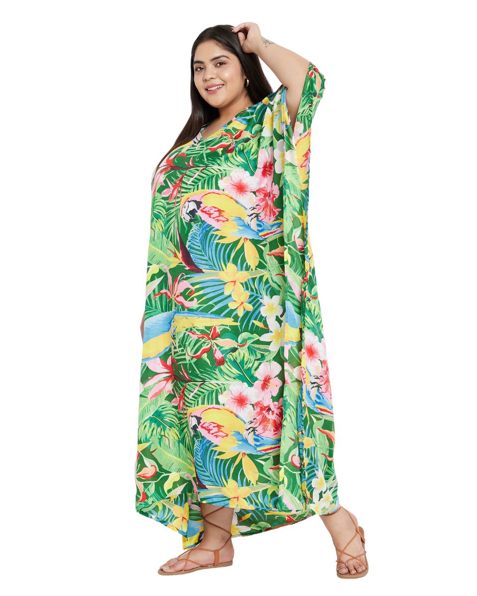 Leaf Printed Green Polyester Plus Size Kaftan Dress For Women