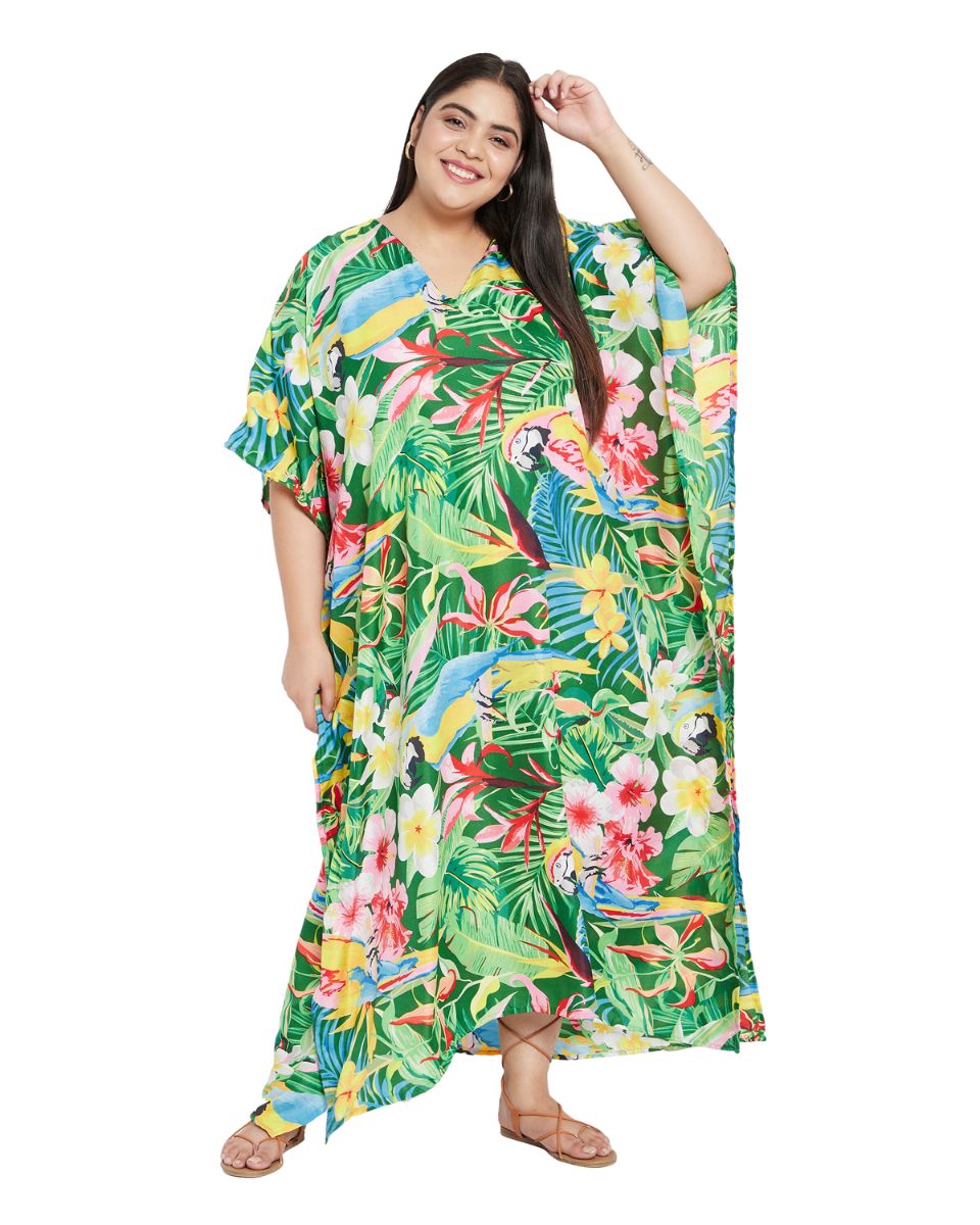Leaf Printed Green Polyester Plus Size Kaftan Dress For Women