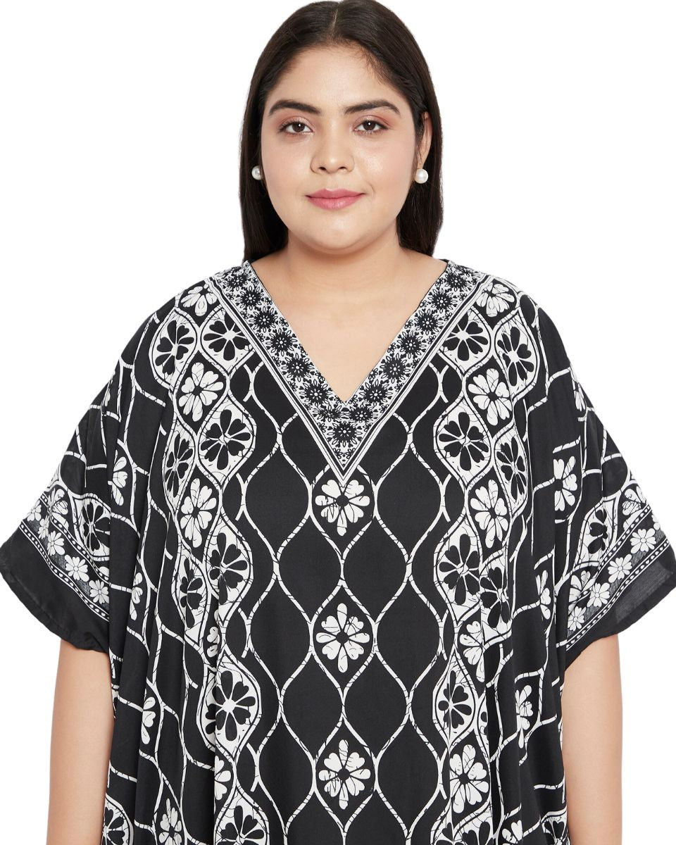 Floral Printed Plus Size Black Polyester Kaftan Dress For Women