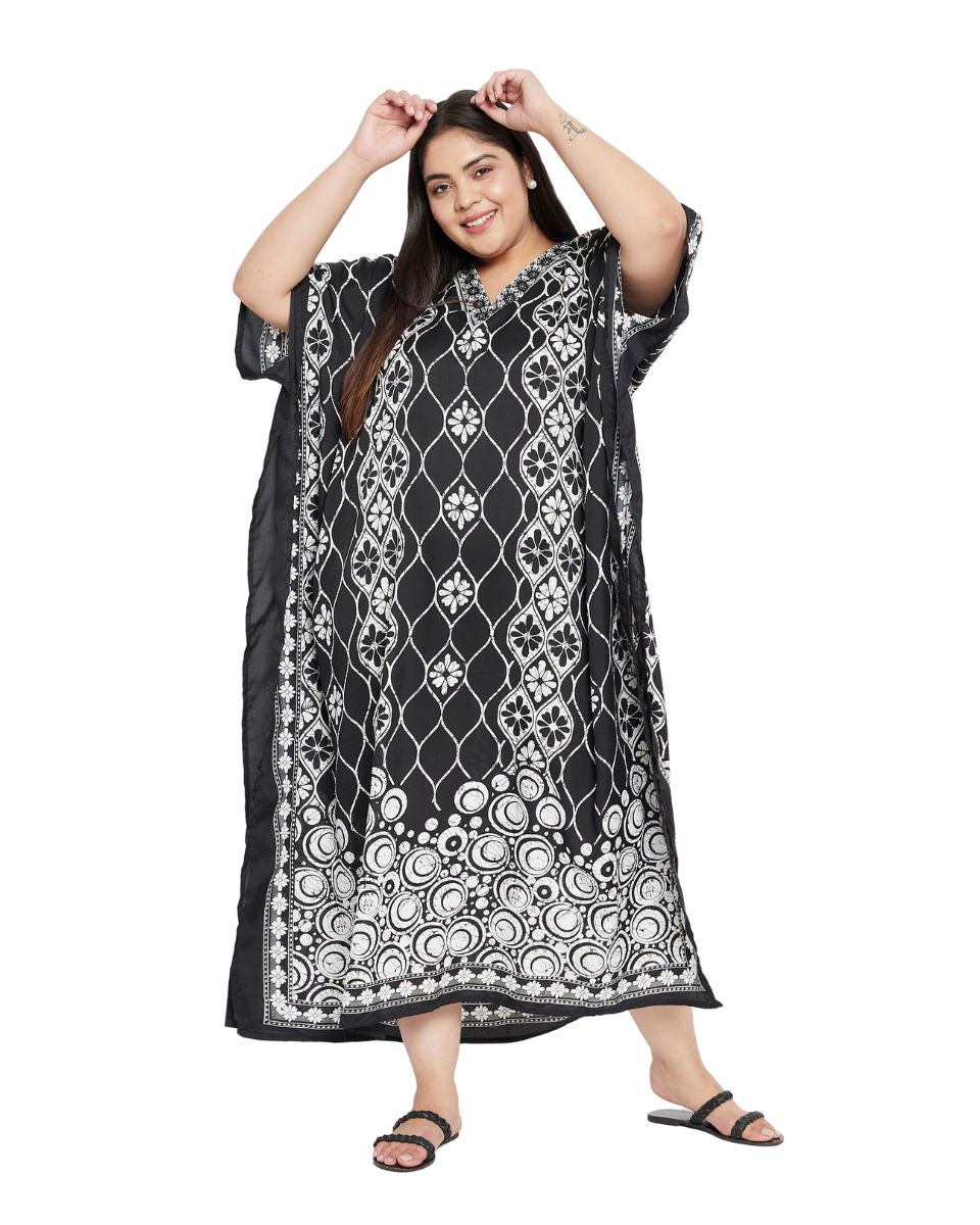 Floral Printed Plus Size Black Polyester Kaftan Dress For Women