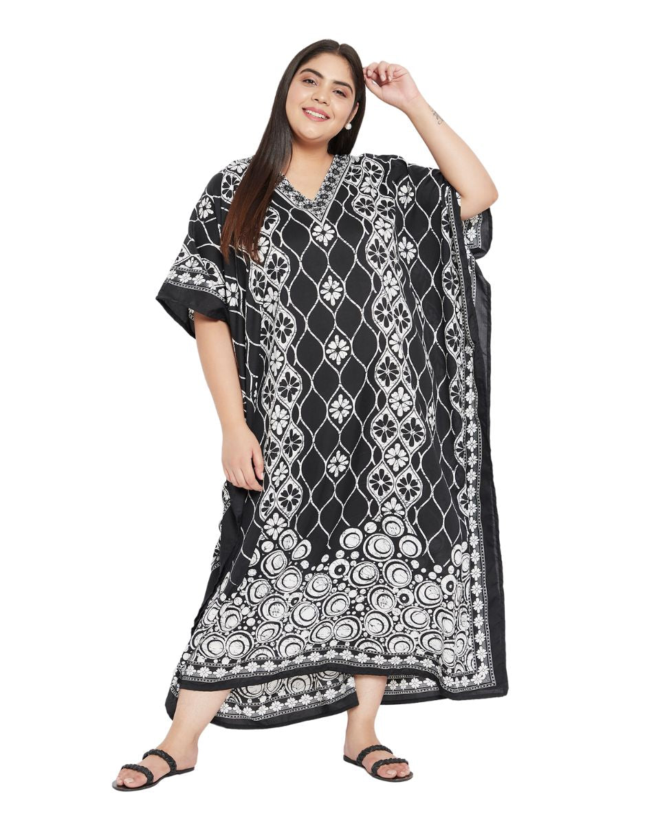 Floral Printed Plus Size Black Polyester Kaftan Dress For Women