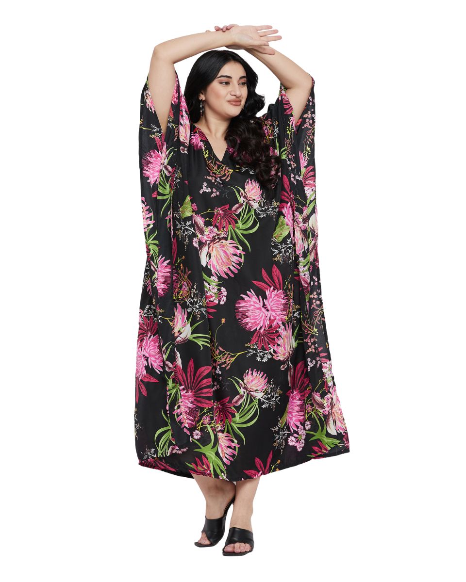 Floral Printed Plus Size Black Polyester Kaftan Dress For Women