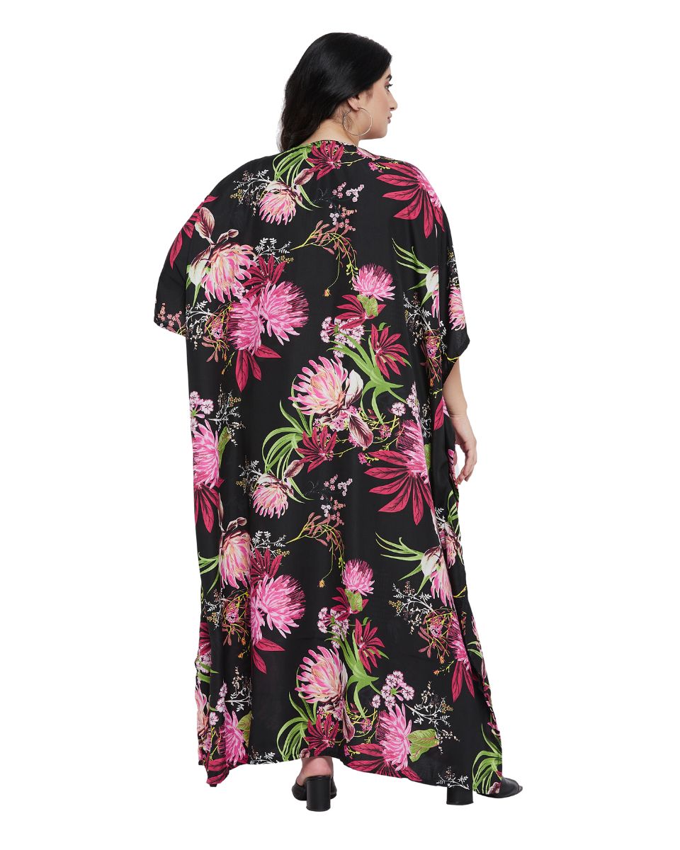 Floral Printed Plus Size Black Polyester Kaftan Dress For Women