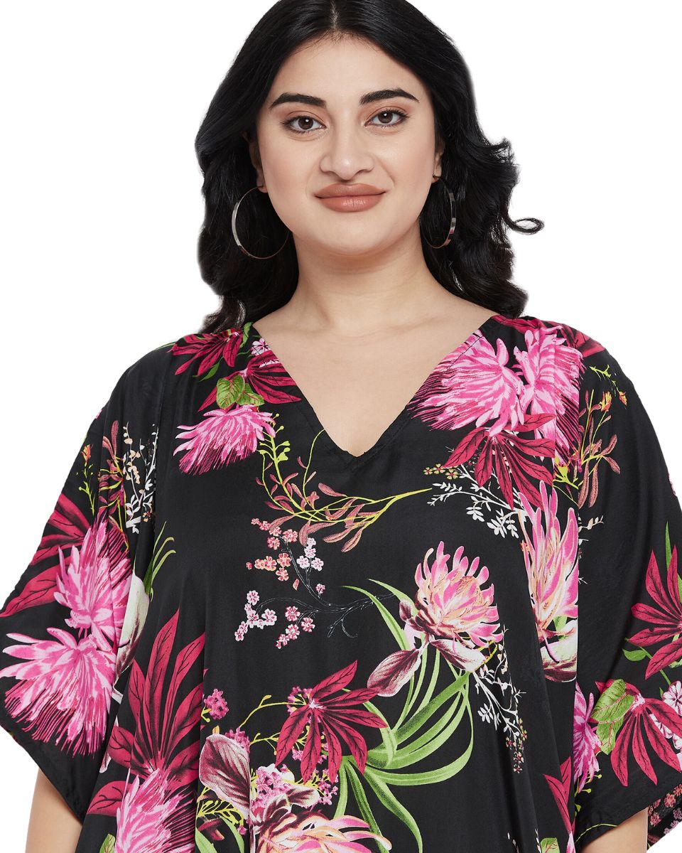 Floral Printed Plus Size Black Polyester Kaftan Dress For Women