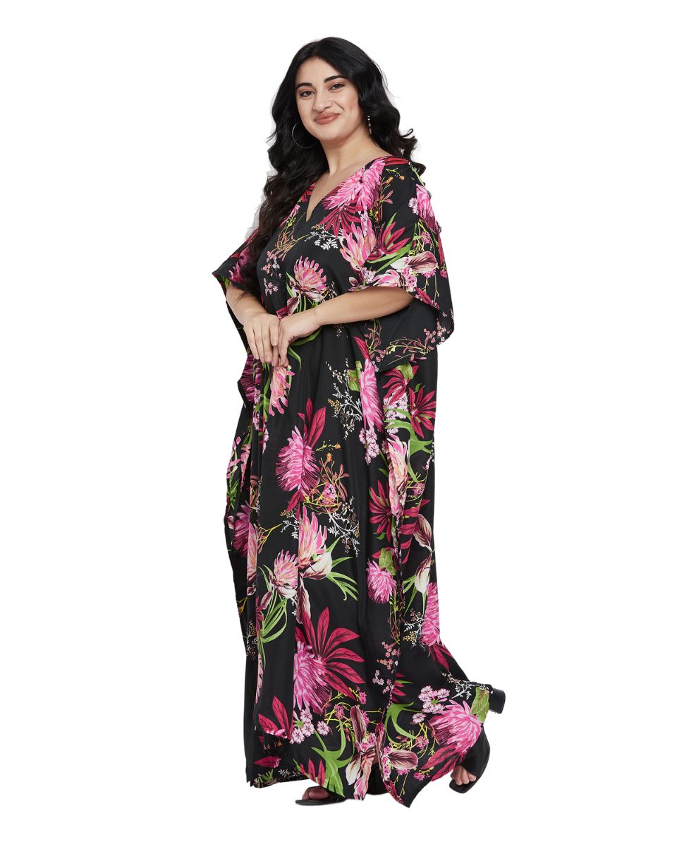 Floral Printed Plus Size Black Polyester Kaftan Dress For Women