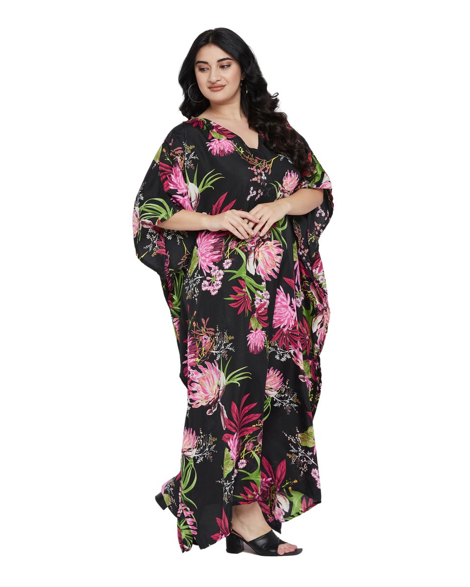 Floral Printed Plus Size Black Polyester Kaftan Dress For Women