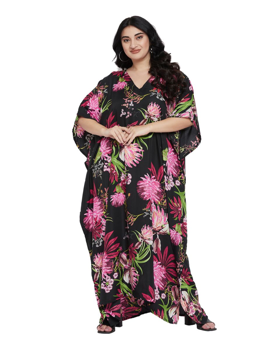 Floral Printed Plus Size Black Polyester Kaftan Dress For Women