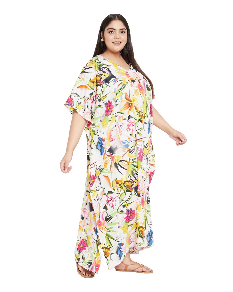 Floral Printed White Polyester Plus Size Kaftan Dress For Women