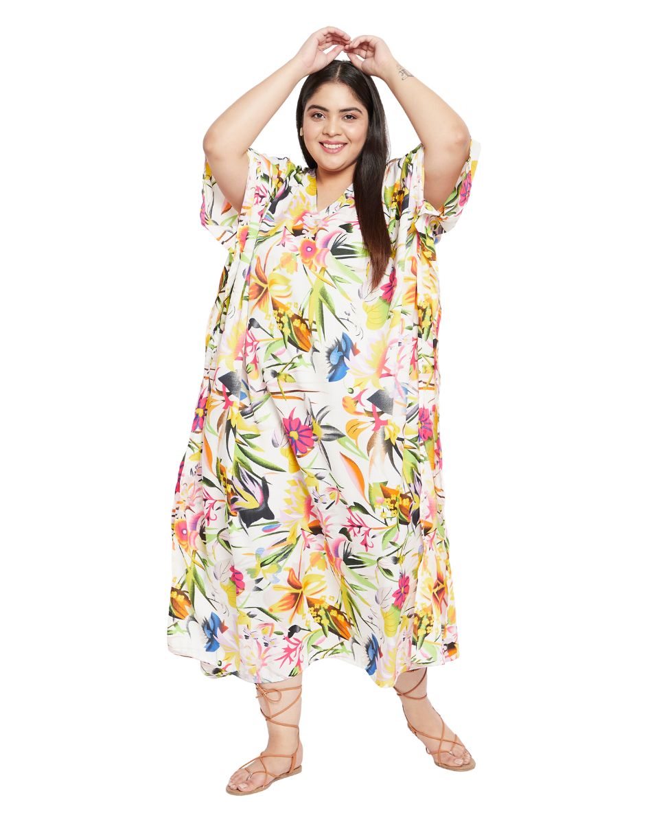 Floral Printed White Polyester Plus Size Kaftan Dress For Women