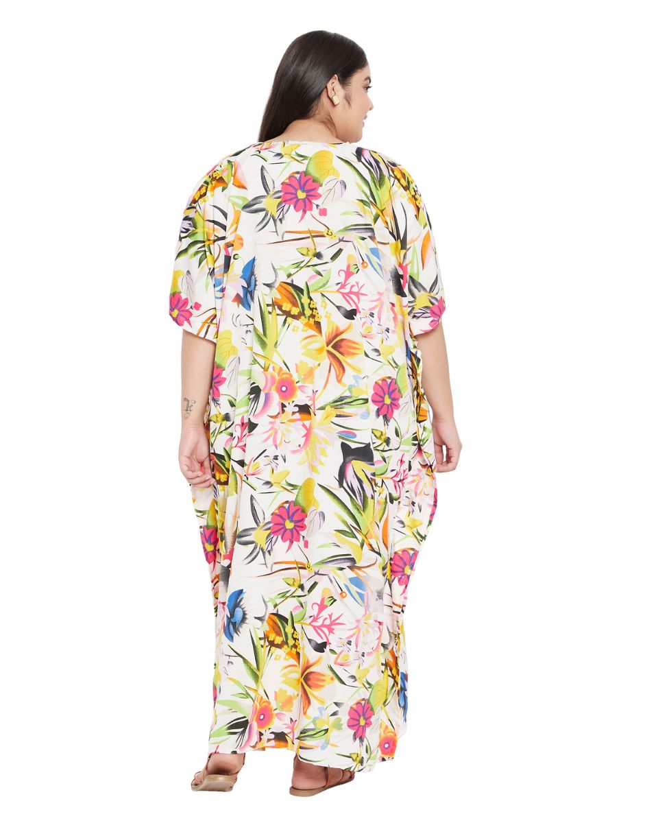 Floral Printed White Polyester Plus Size Kaftan Dress For Women